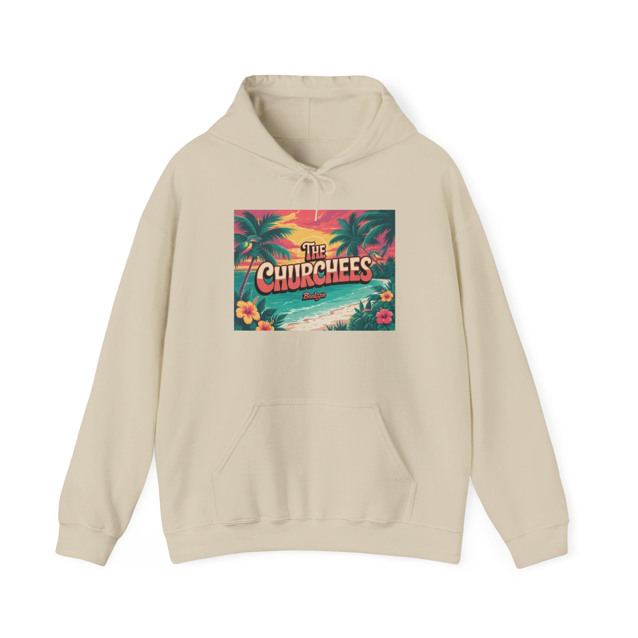 The Churchees Tropical Beach Hoodie – Retro Palm Sunset Graphic Sweatshirt