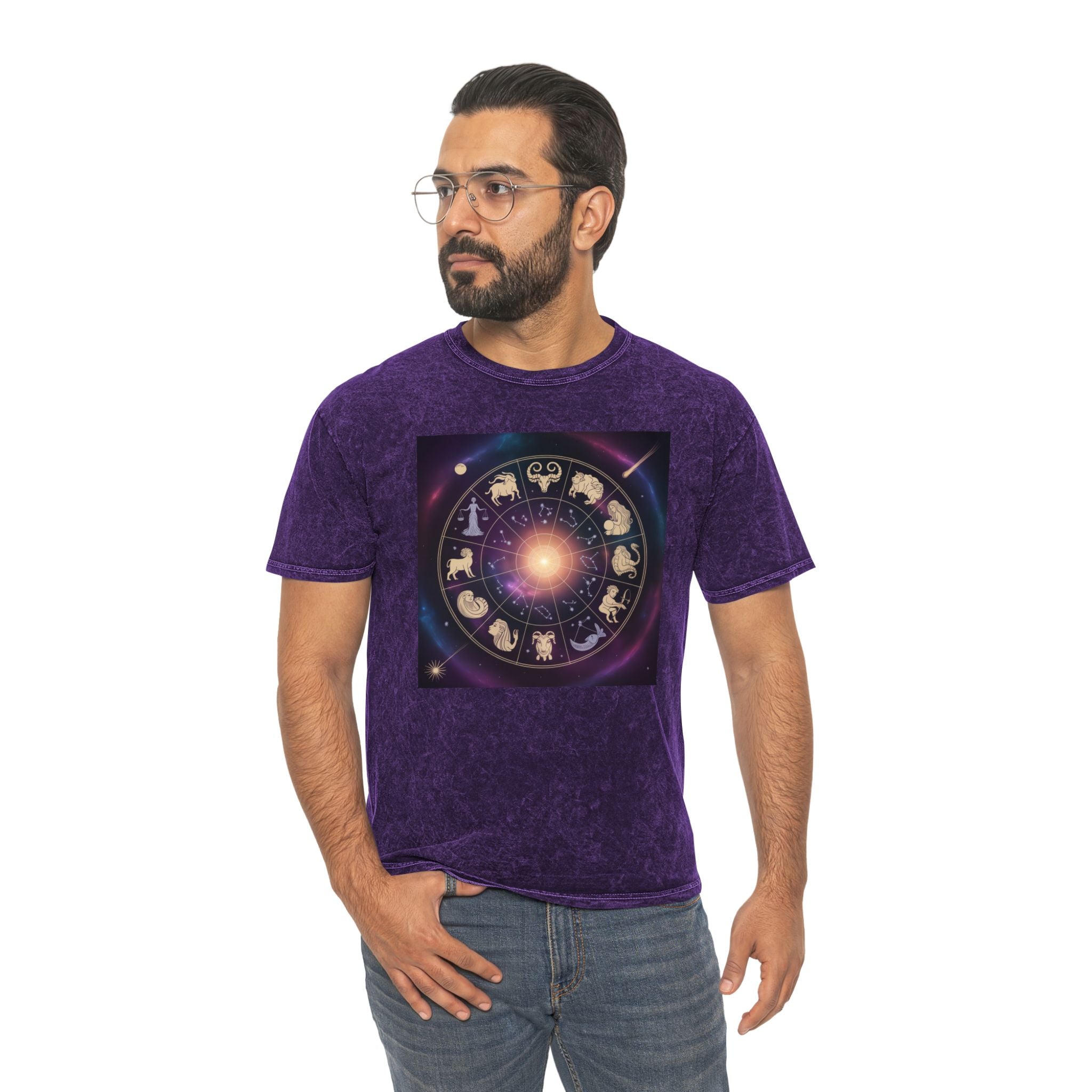 Zodiac Wheel Mineral Wash T-Shirt — Cosmic Astrology Signs Tee
