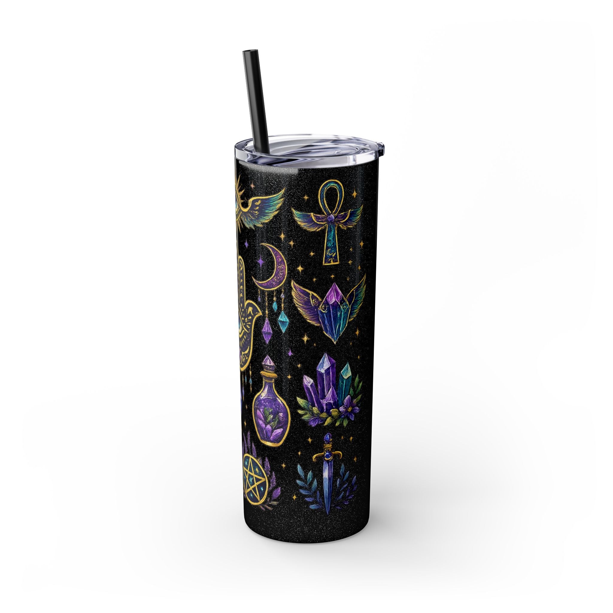 Mystic Symbols 20oz Skinny Tumbler with Straw — Hamsa, All-Seeing Eye & Moon