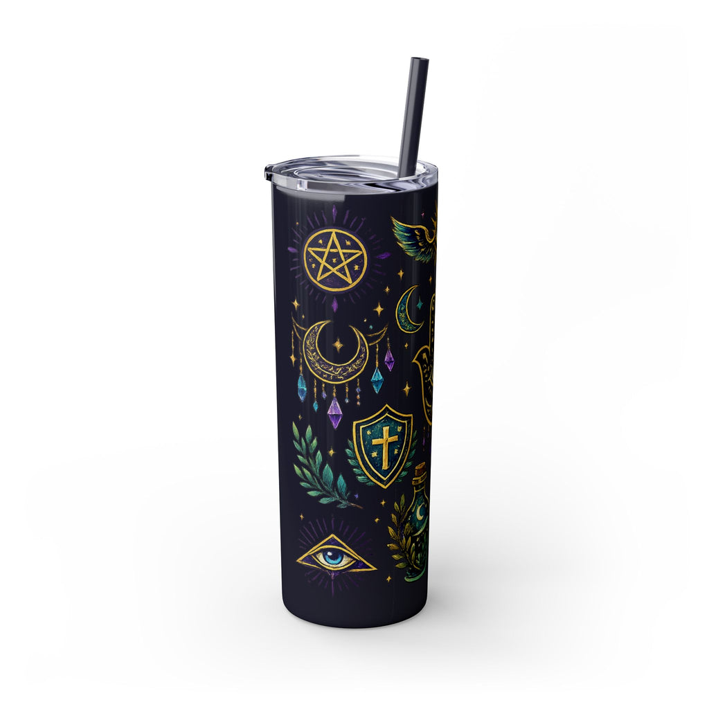 Mystic Symbols 20oz Skinny Tumbler with Straw — Hamsa, All-Seeing Eye & Moon