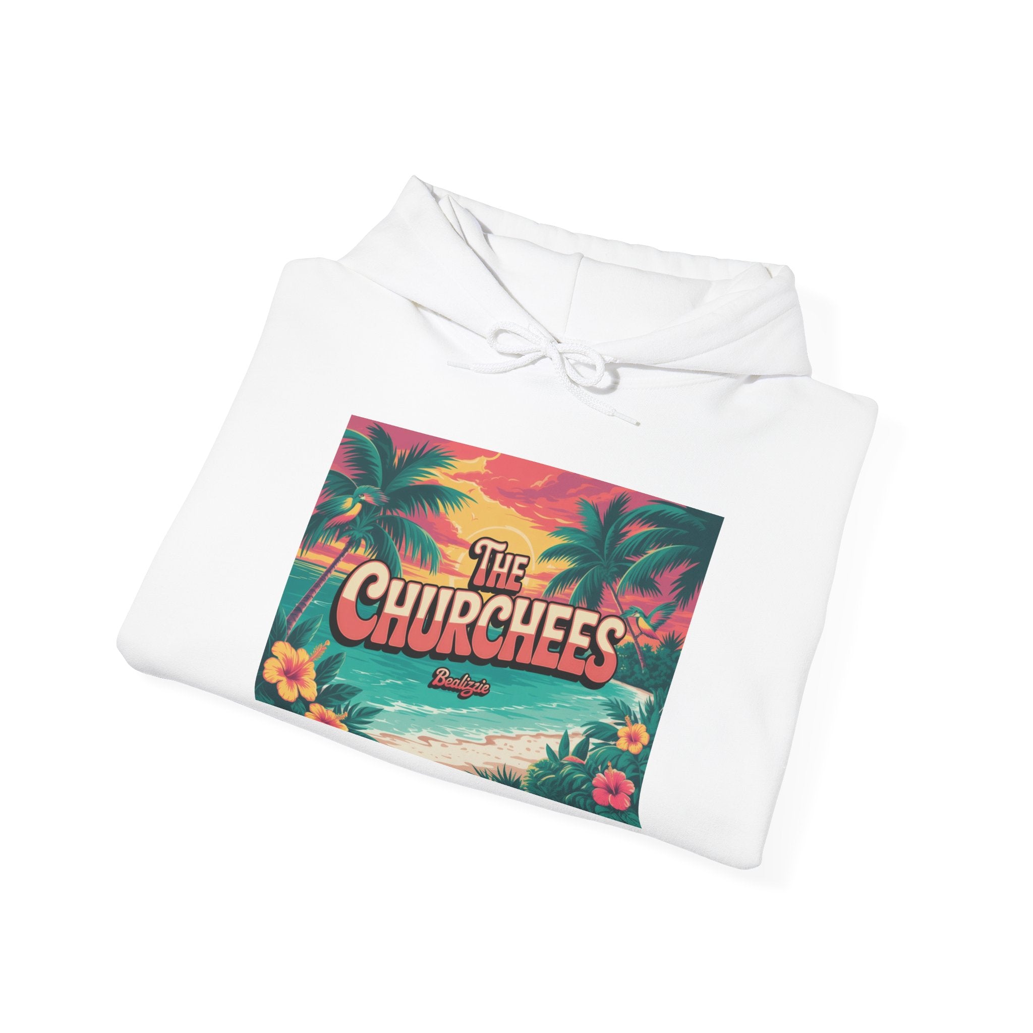 The Churchees Tropical Beach Hoodie – Retro Palm Sunset Graphic Sweatshirt