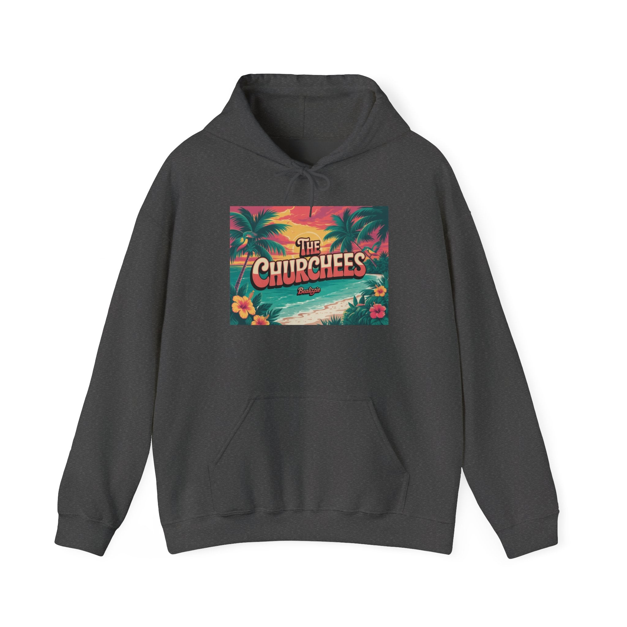 The Churchees Tropical Beach Hoodie – Retro Palm Sunset Graphic Sweatshirt