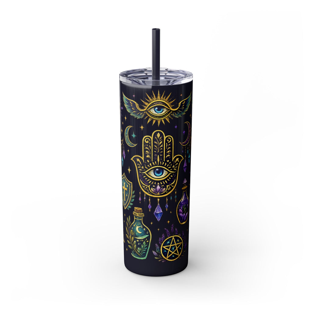 Mystic Symbols 20oz Skinny Tumbler with Straw — Hamsa, All-Seeing Eye & Moon