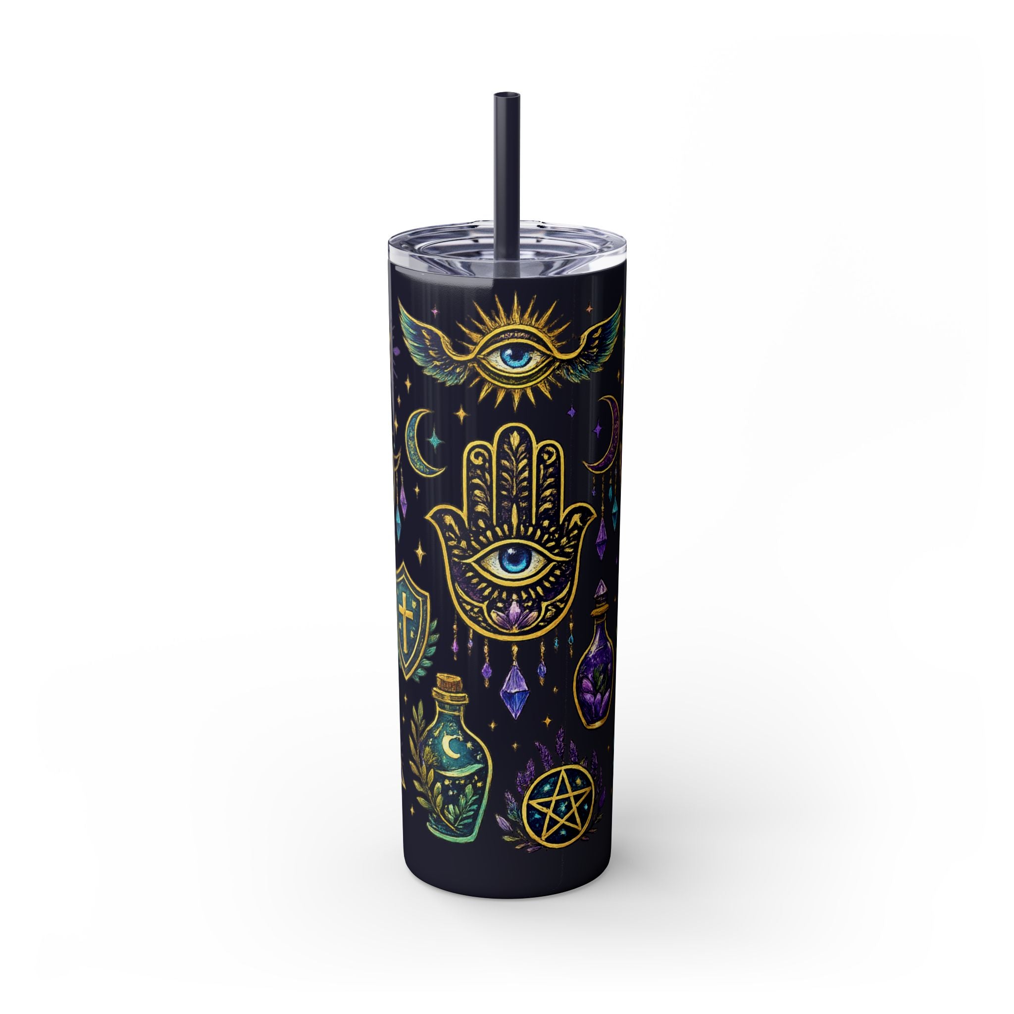 Mystic Symbols 20oz Skinny Tumbler with Straw — Hamsa, All-Seeing Eye & Moon
