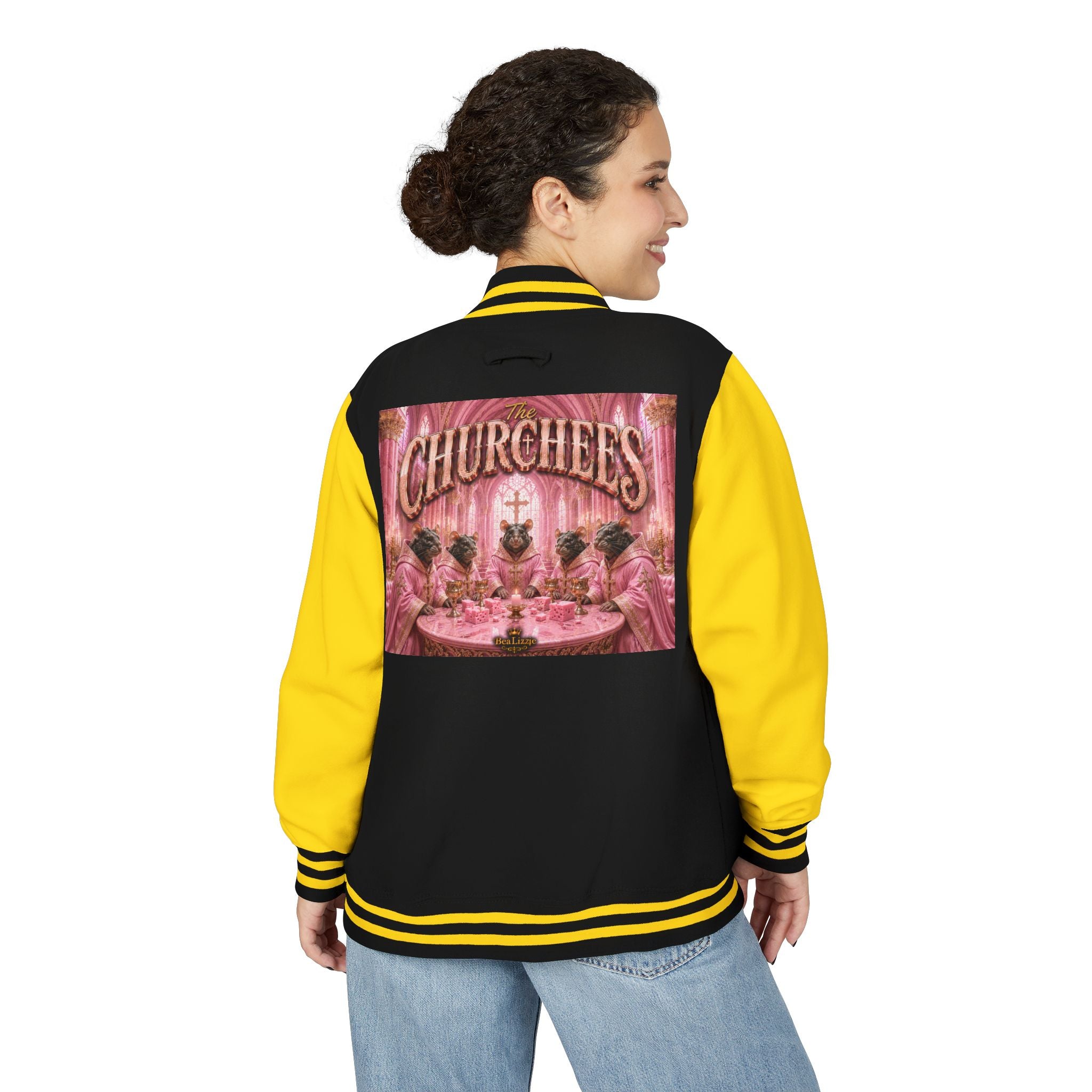 Letterman Jacket — Pink 'Churchees' Vintage Dinner Graphic