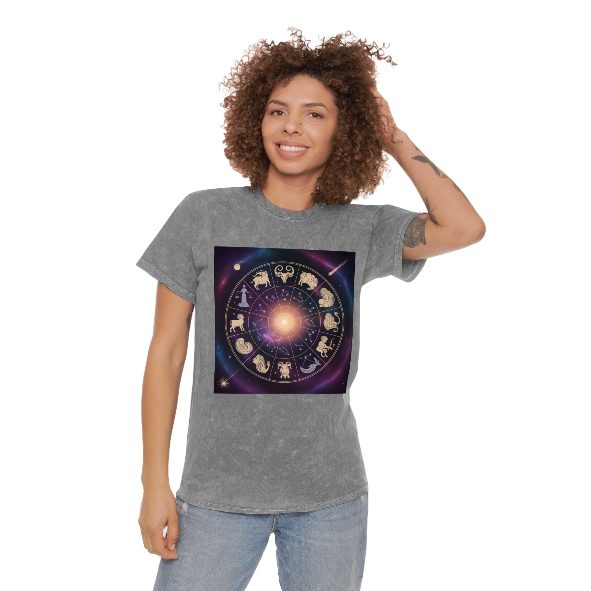 Zodiac Wheel Mineral Wash T-Shirt — Cosmic Astrology Signs Tee
