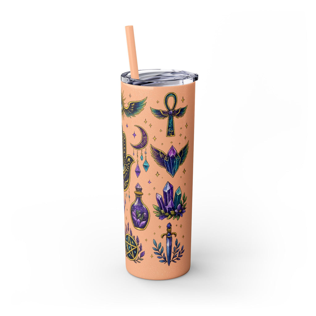 Mystic Symbols 20oz Skinny Tumbler with Straw — Hamsa, All-Seeing Eye & Moon