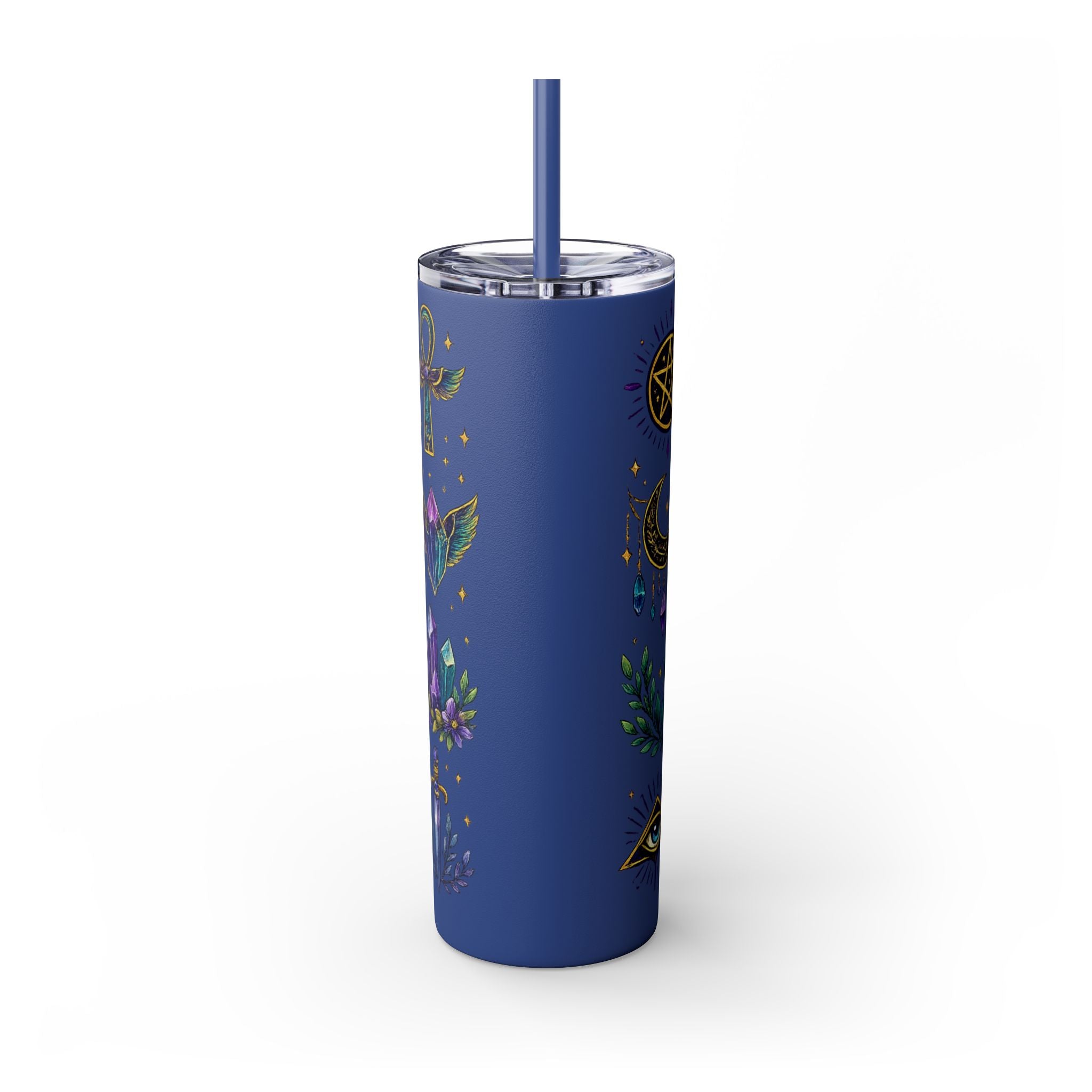 Mystic Symbols 20oz Skinny Tumbler with Straw — Hamsa, All-Seeing Eye & Moon