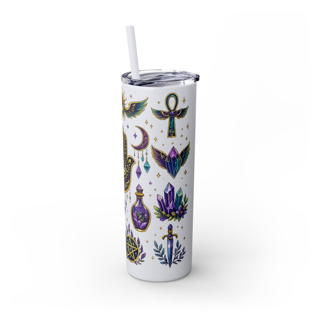 Mystic Symbols 20oz Skinny Tumbler with Straw — Hamsa, All-Seeing Eye & Moon