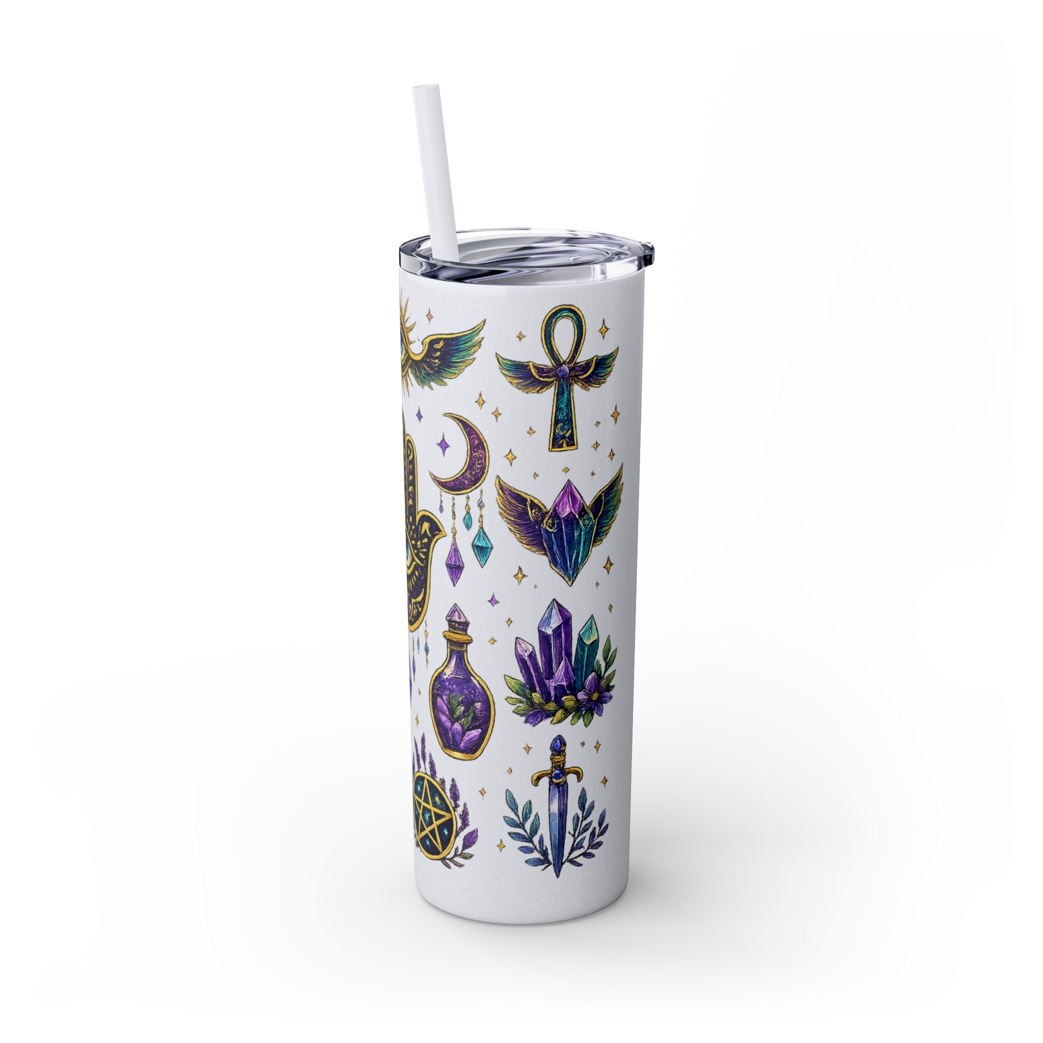 Mystic Symbols 20oz Skinny Tumbler with Straw — Hamsa, All-Seeing Eye & Moon