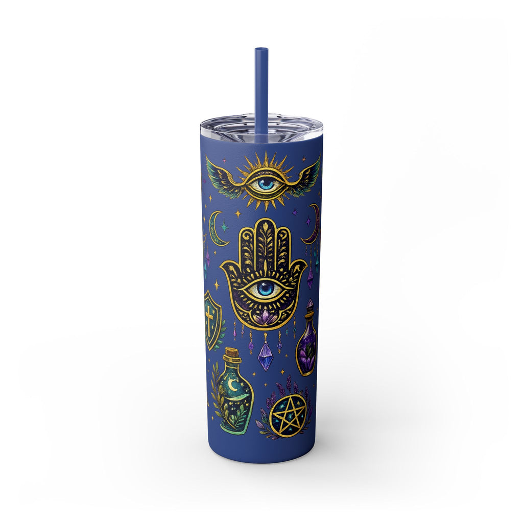Mystic Symbols 20oz Skinny Tumbler with Straw — Hamsa, All-Seeing Eye & Moon