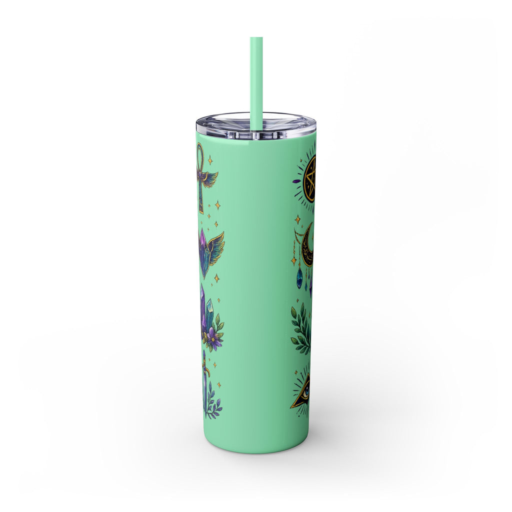 Mystic Symbols 20oz Skinny Tumbler with Straw — Hamsa, All-Seeing Eye & Moon