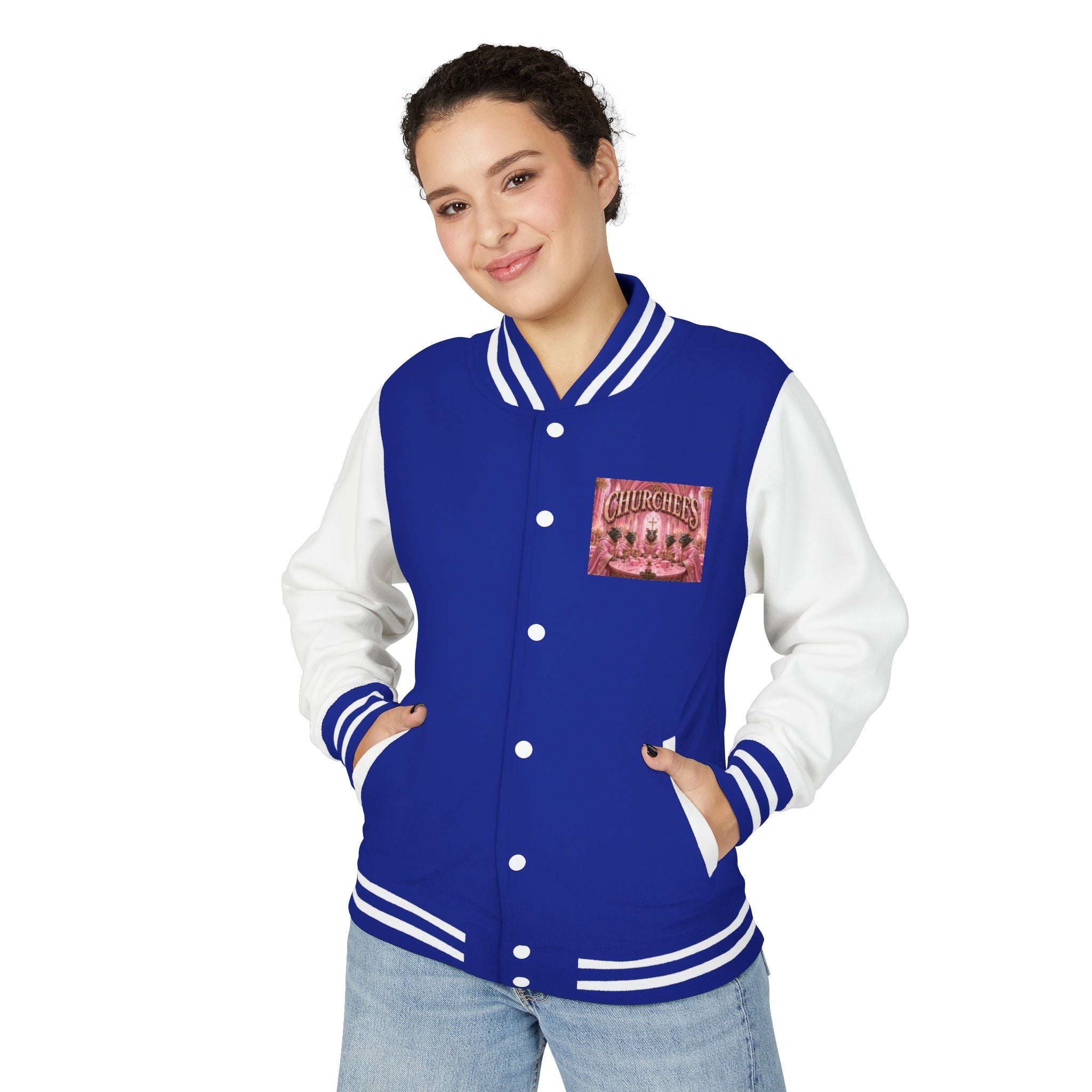 Letterman Jacket — Pink 'Churchees' Vintage Dinner Graphic