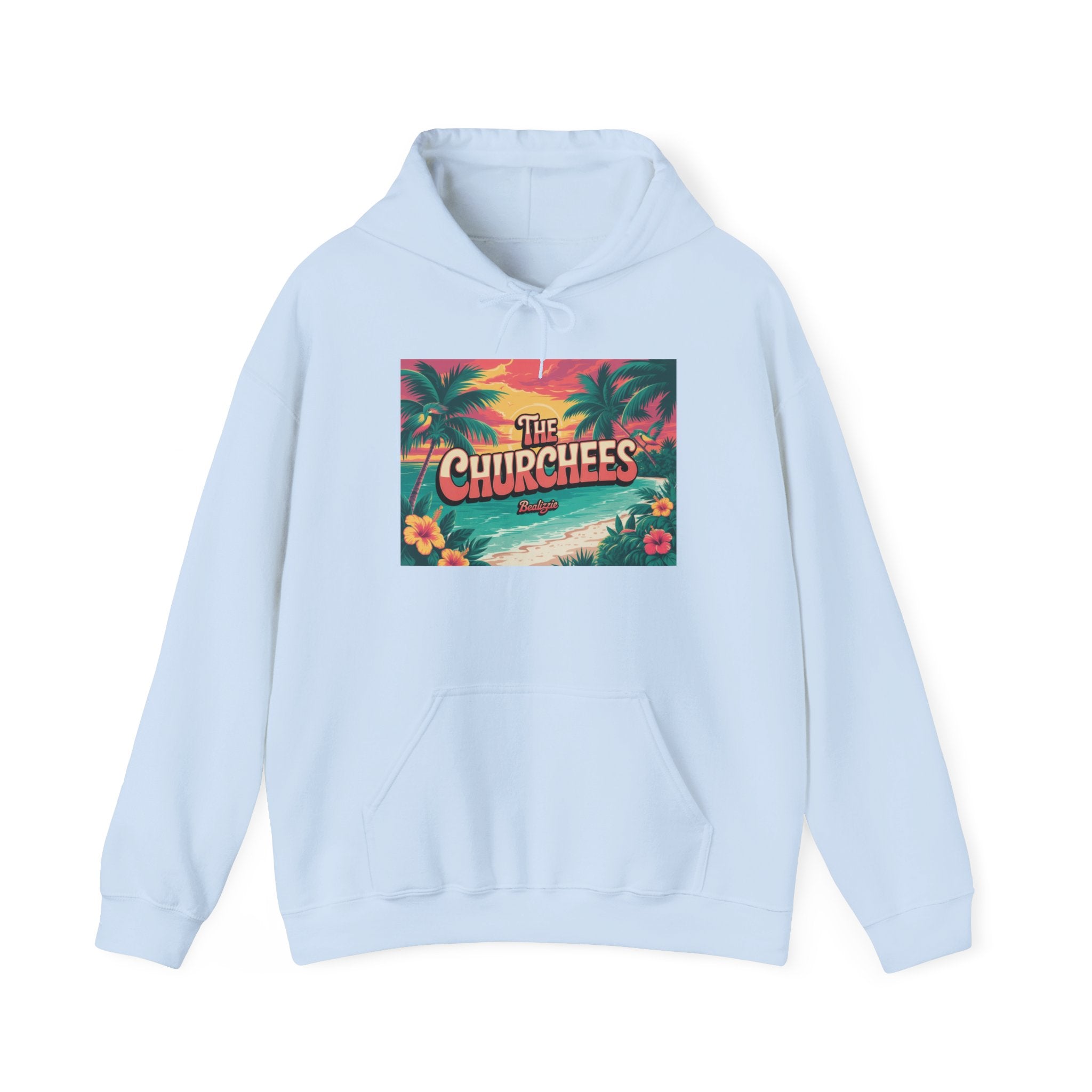 The Churchees Tropical Beach Hoodie – Retro Palm Sunset Graphic Sweatshirt
