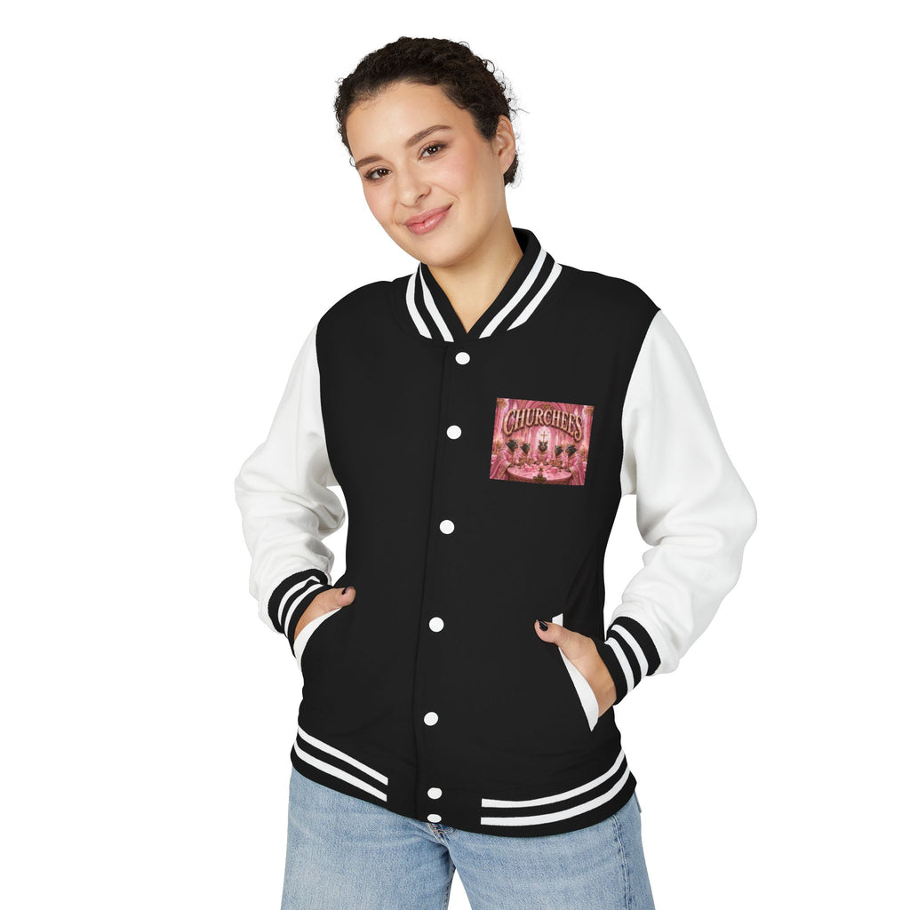 Letterman Jacket — Pink 'Churchees' Vintage Dinner Graphic
