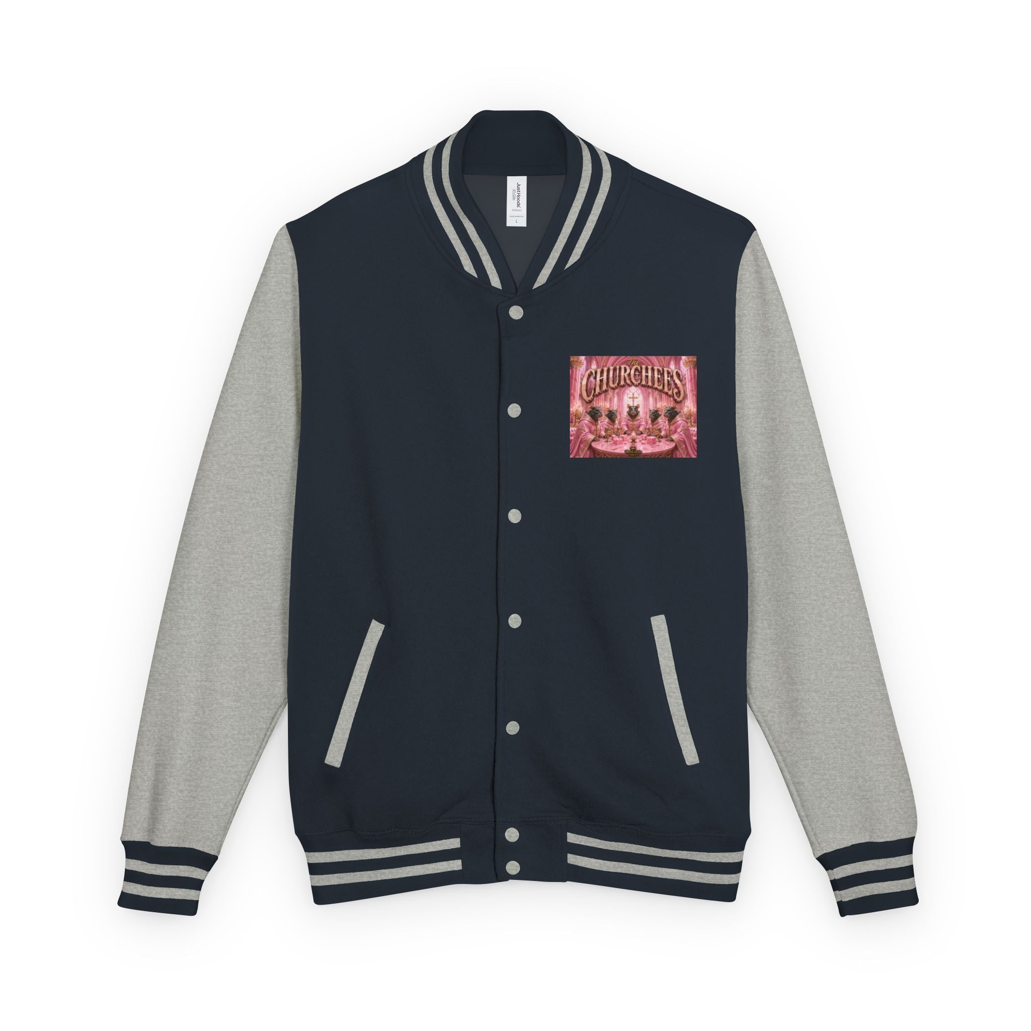 Letterman Jacket — Pink 'Churchees' Vintage Dinner Graphic