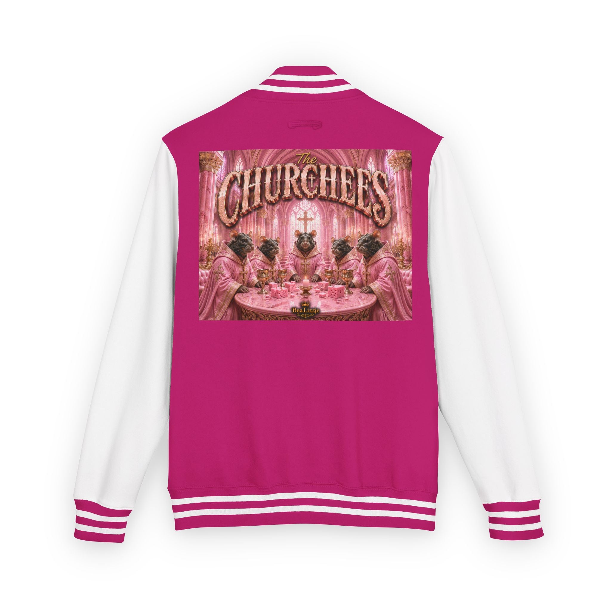 Letterman Jacket — Pink 'Churchees' Vintage Dinner Graphic