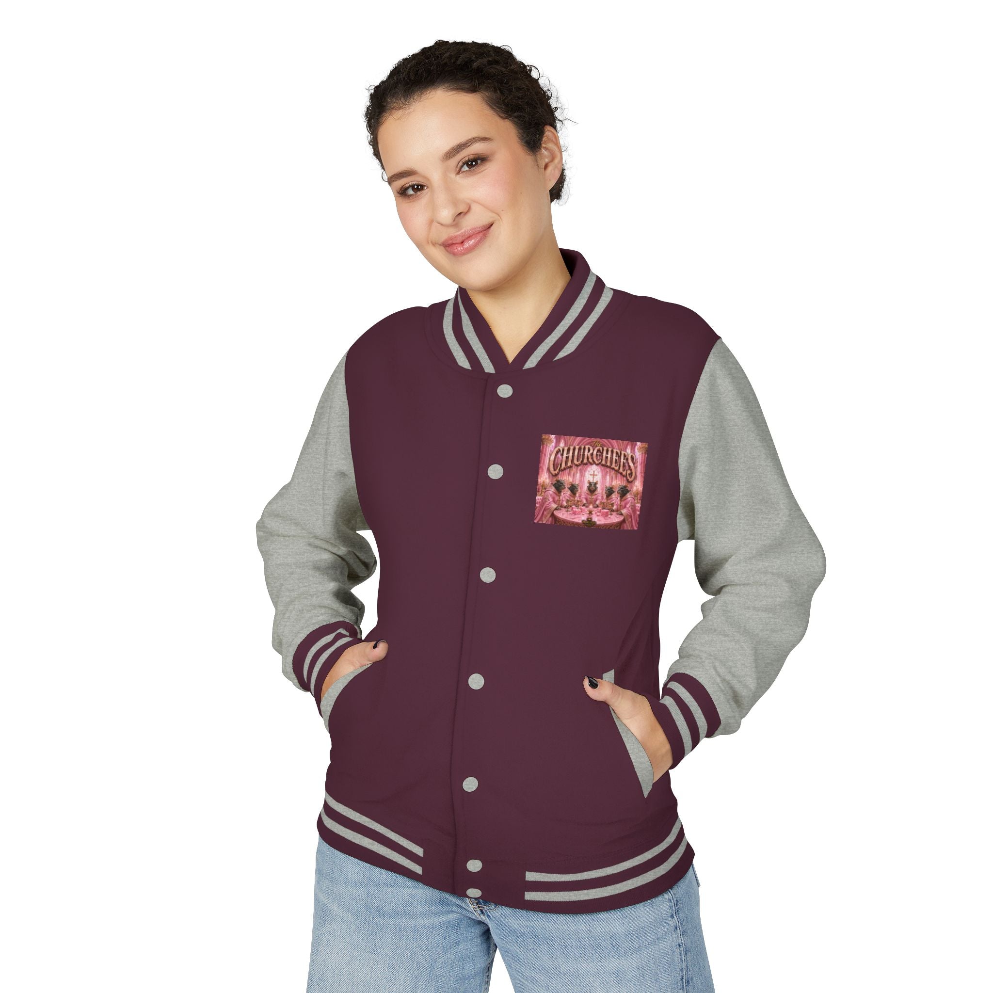 Letterman Jacket — Pink 'Churchees' Vintage Dinner Graphic