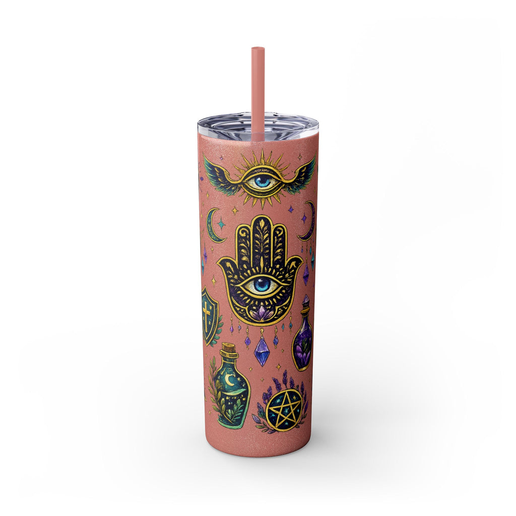Mystic Symbols 20oz Skinny Tumbler with Straw — Hamsa, All-Seeing Eye & Moon
