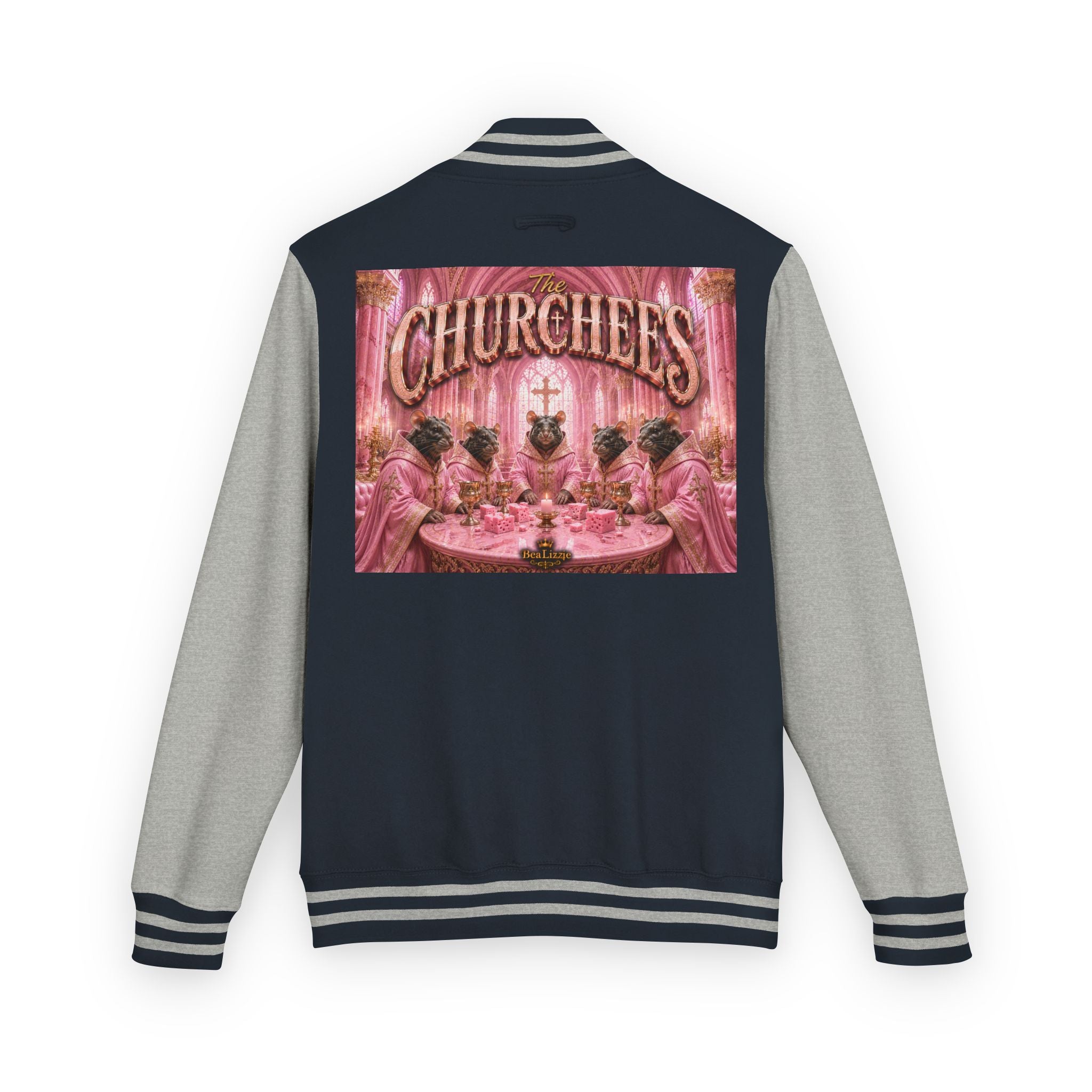 Letterman Jacket — Pink 'Churchees' Vintage Dinner Graphic