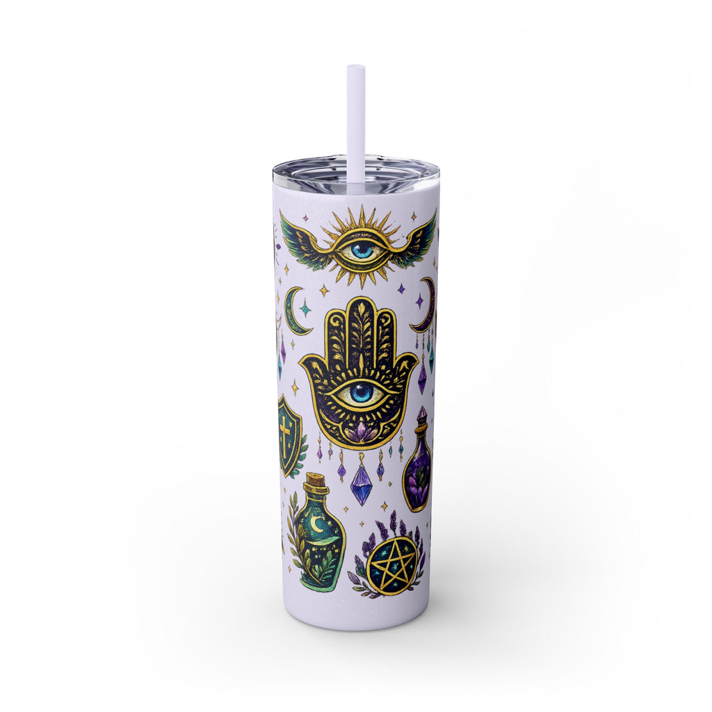 Mystic Symbols 20oz Skinny Tumbler with Straw — Hamsa, All-Seeing Eye & Moon
