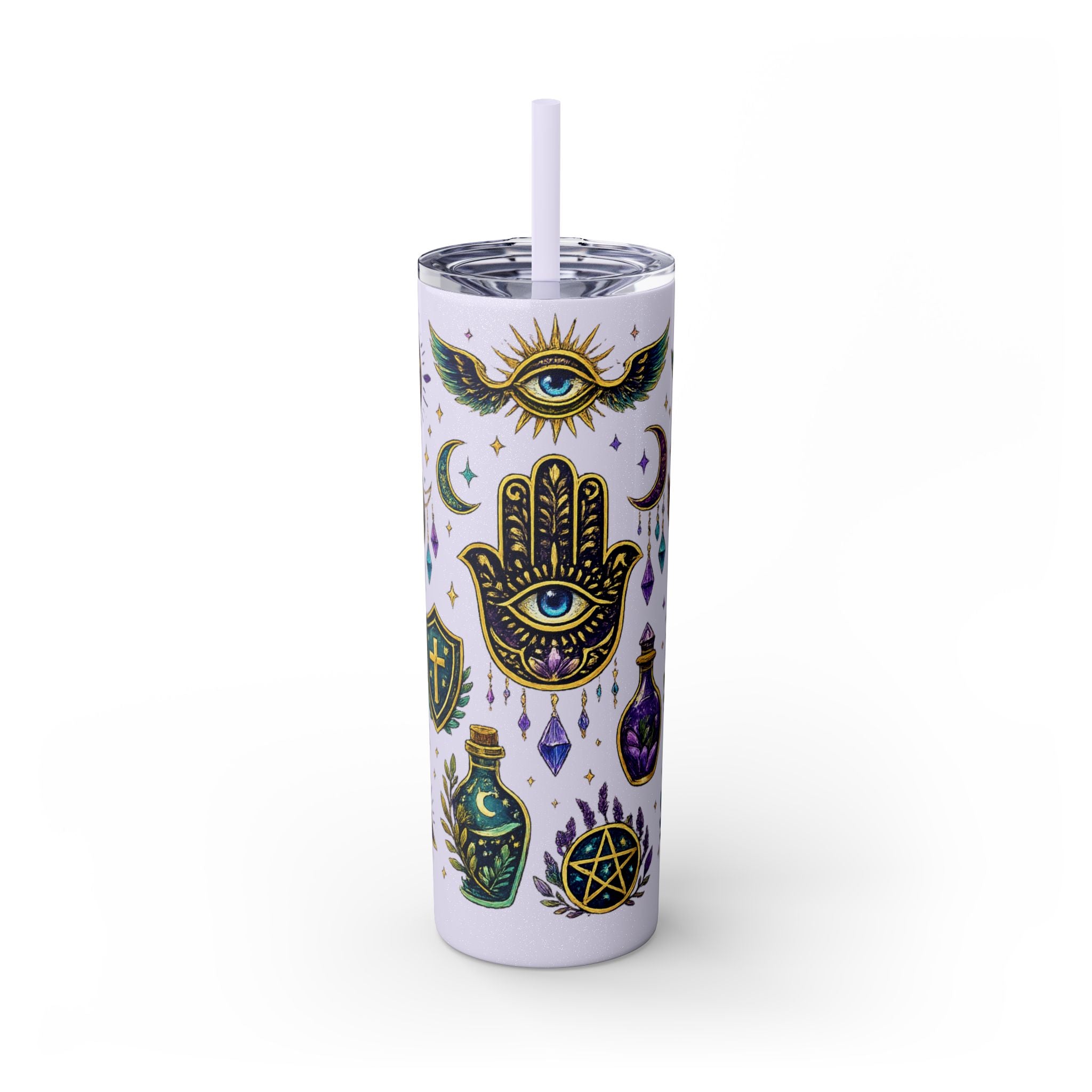 Mystic Symbols 20oz Skinny Tumbler with Straw — Hamsa, All-Seeing Eye & Moon