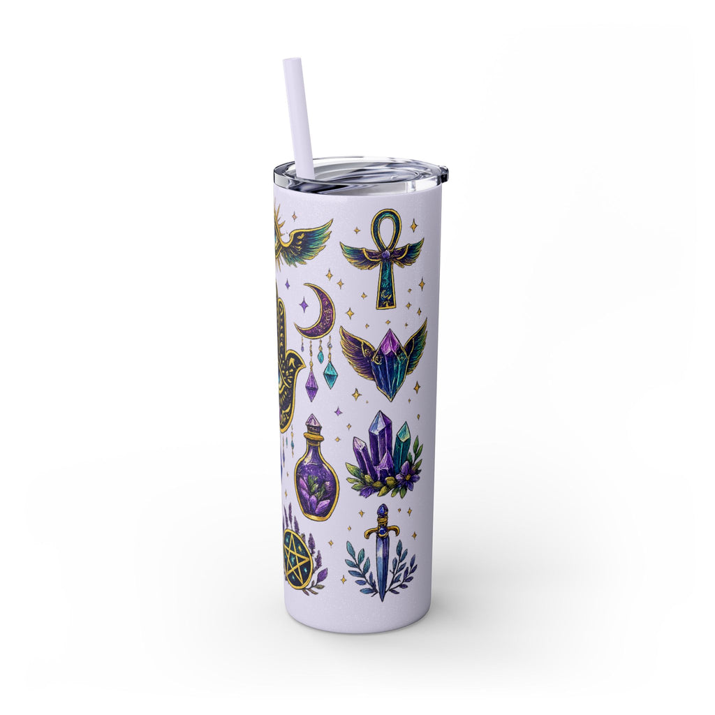 Mystic Symbols 20oz Skinny Tumbler with Straw — Hamsa, All-Seeing Eye & Moon