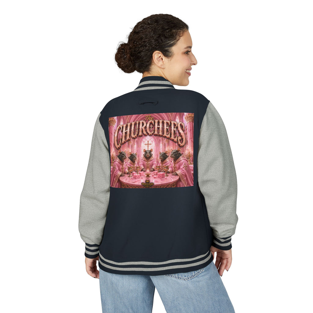 Letterman Jacket — Pink 'Churchees' Vintage Dinner Graphic