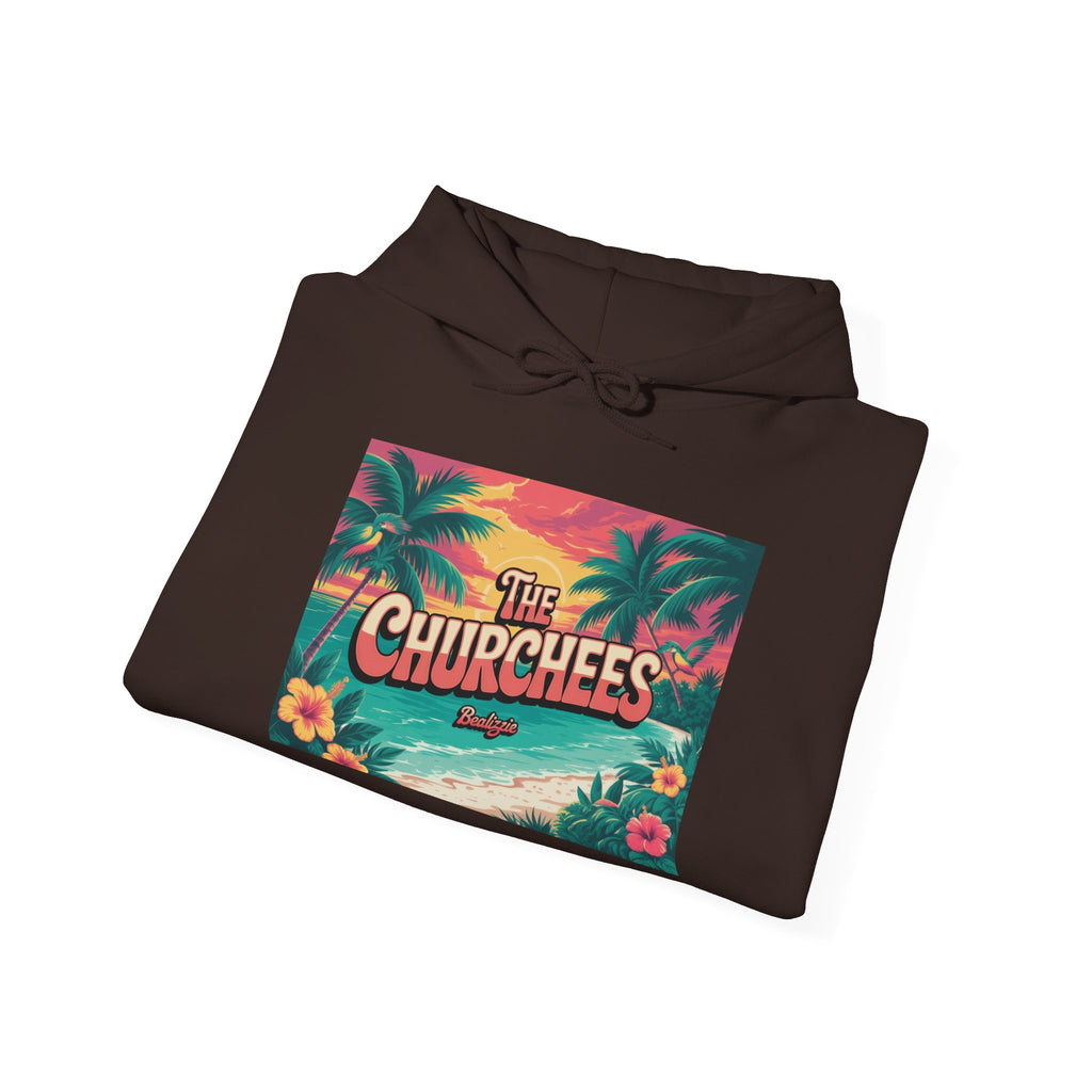 The Churchees Tropical Beach Hoodie – Retro Palm Sunset Graphic Sweatshirt
