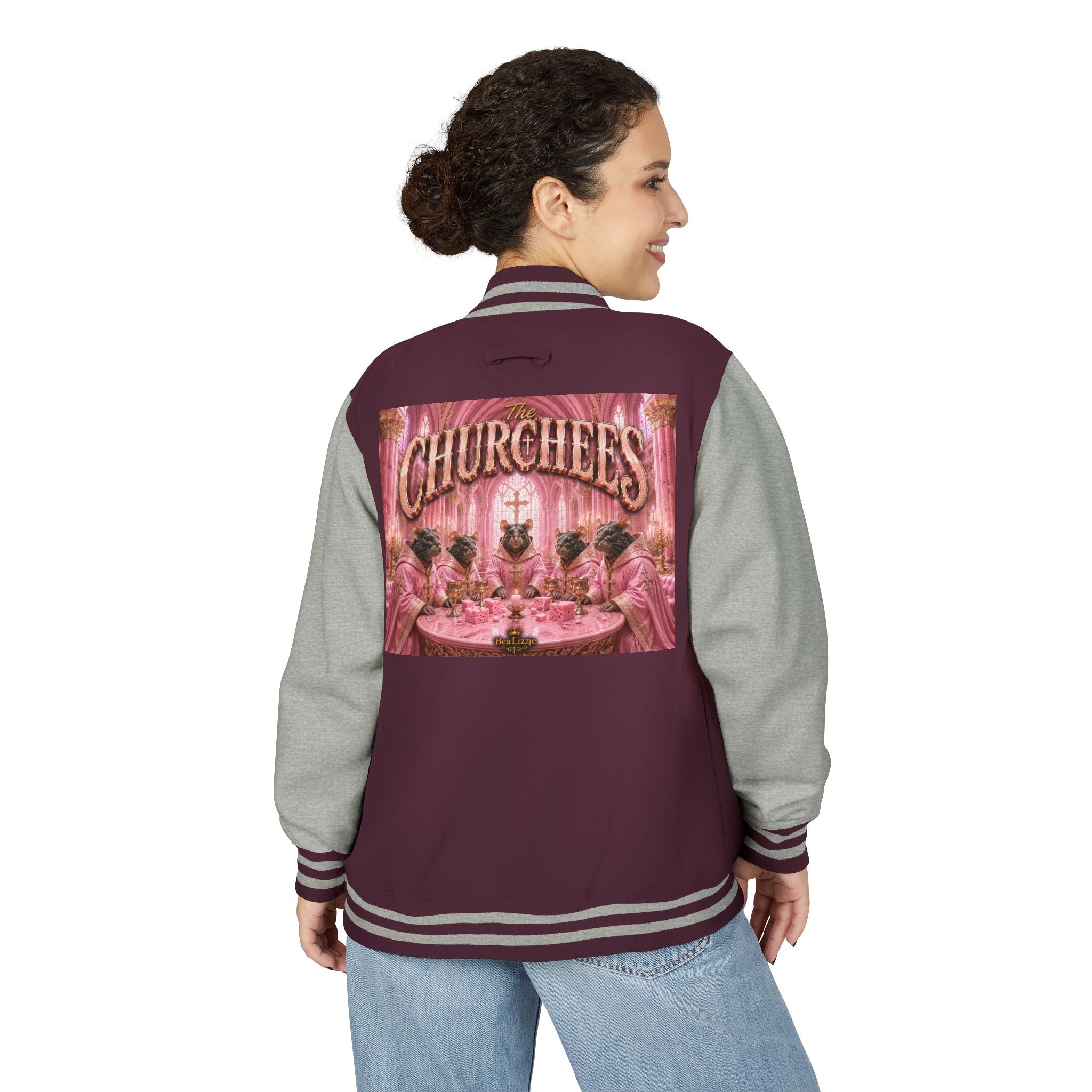 Letterman Jacket — Pink 'Churchees' Vintage Dinner Graphic