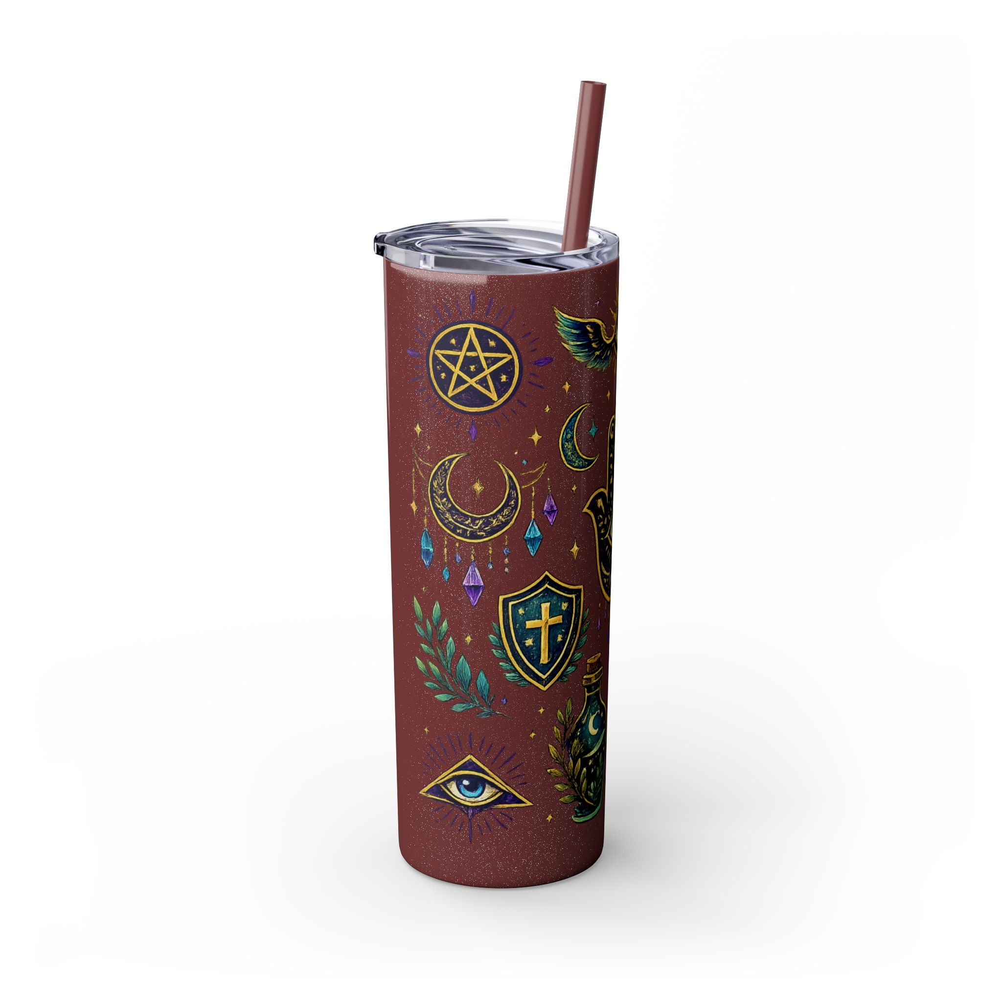 Mystic Symbols 20oz Skinny Tumbler with Straw — Hamsa, All-Seeing Eye & Moon