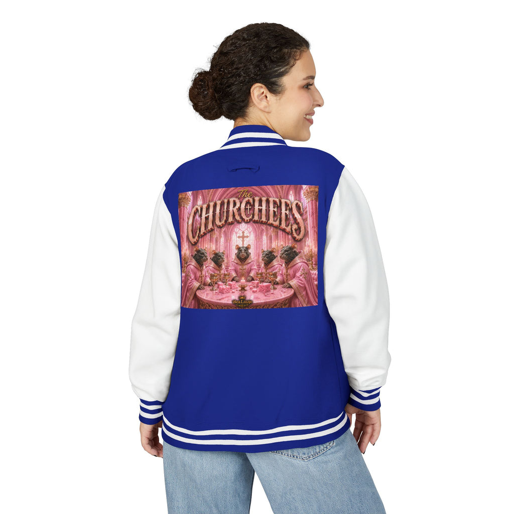 Letterman Jacket — Pink 'Churchees' Vintage Dinner Graphic