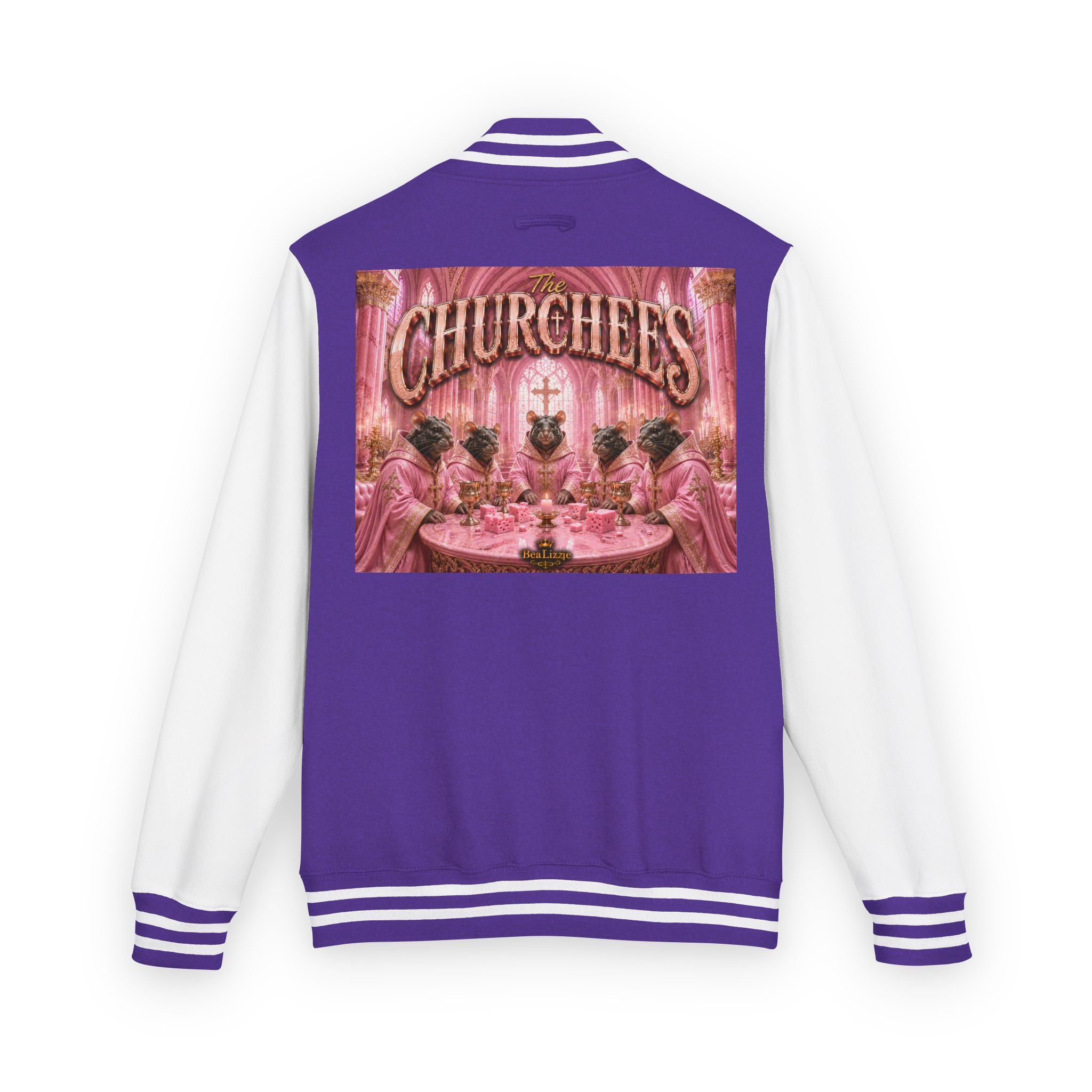 Letterman Jacket — Pink 'Churchees' Vintage Dinner Graphic