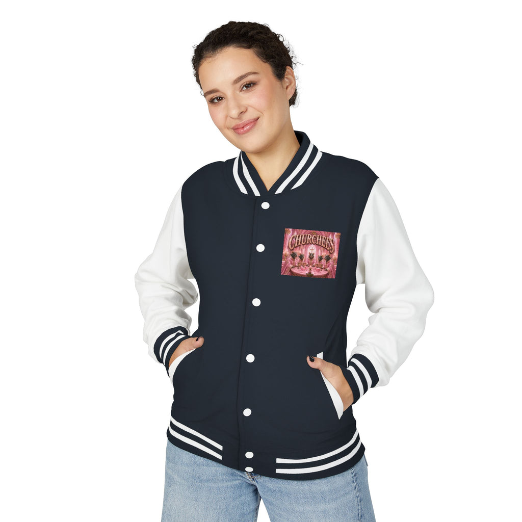 Letterman Jacket — Pink 'Churchees' Vintage Dinner Graphic