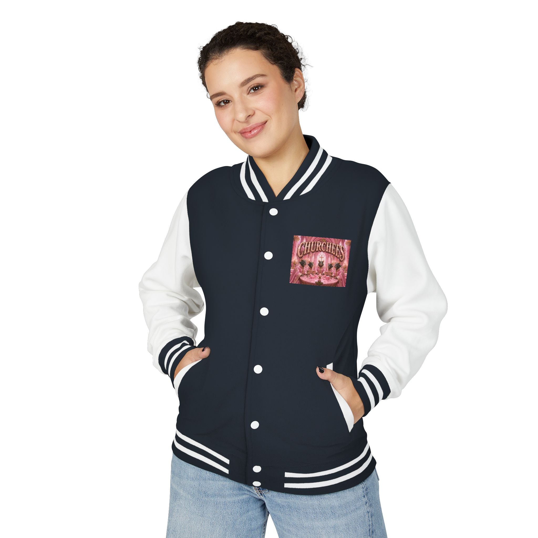 Letterman Jacket — Pink 'Churchees' Vintage Dinner Graphic