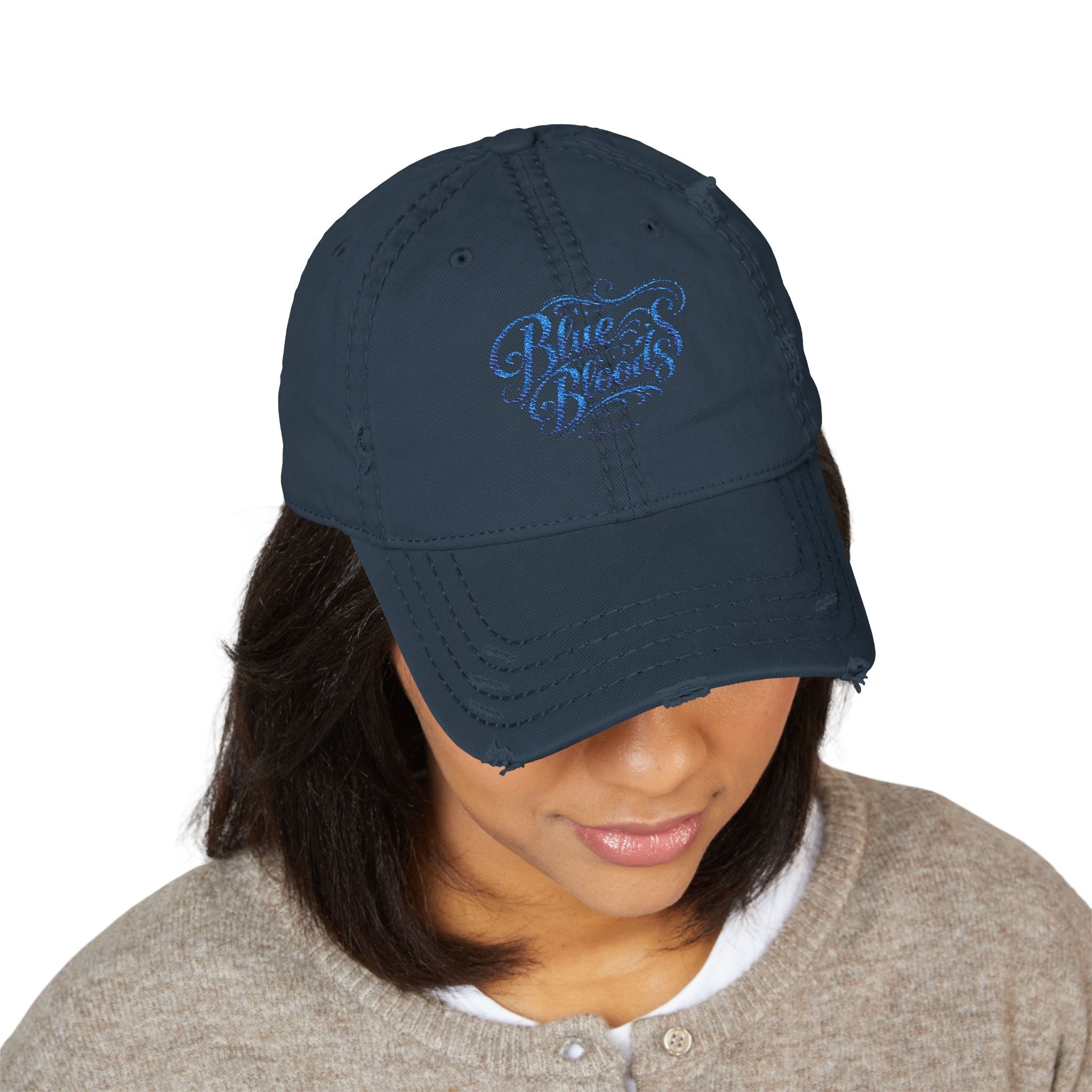 Distressed Embroidered Dad Hat — Blue Waves Script Cap