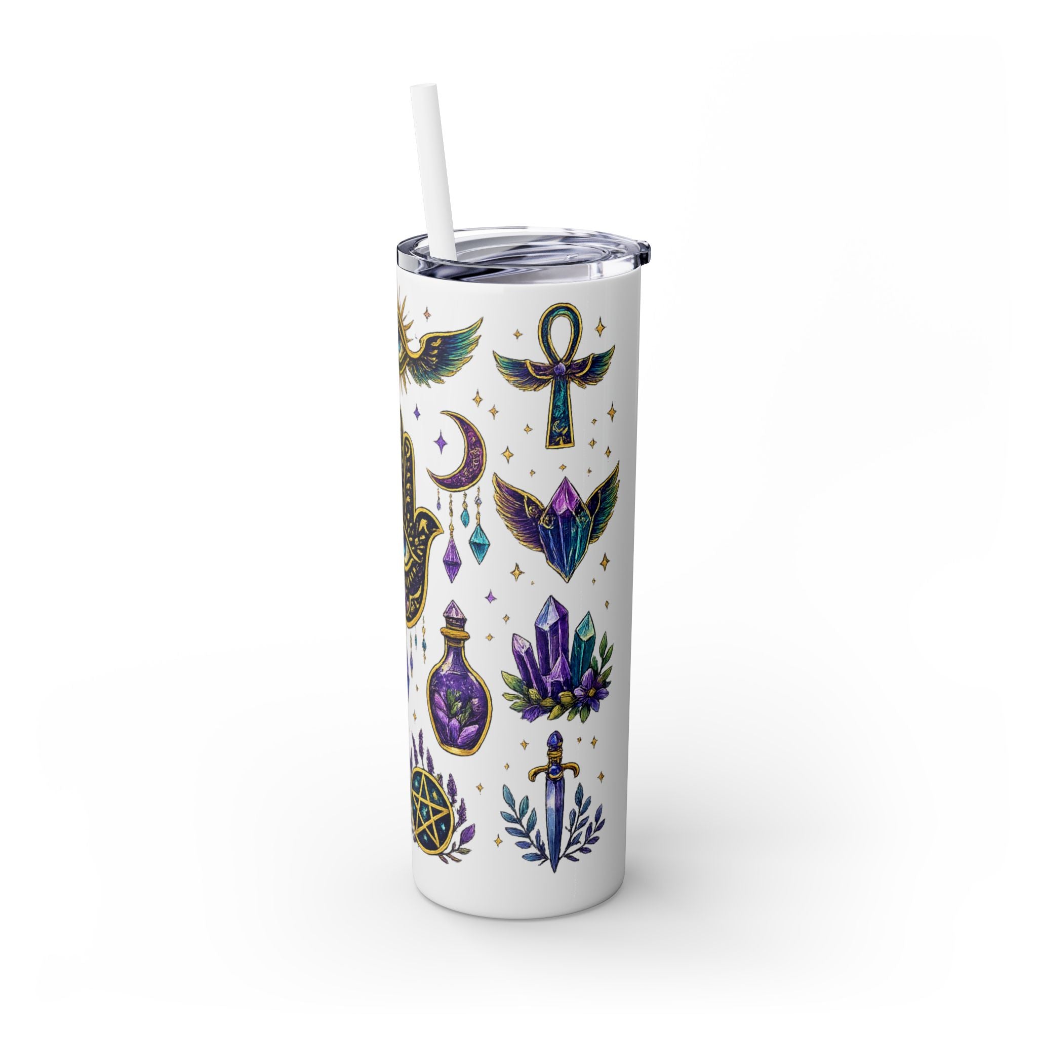 Mystic Symbols 20oz Skinny Tumbler with Straw — Hamsa, All-Seeing Eye & Moon