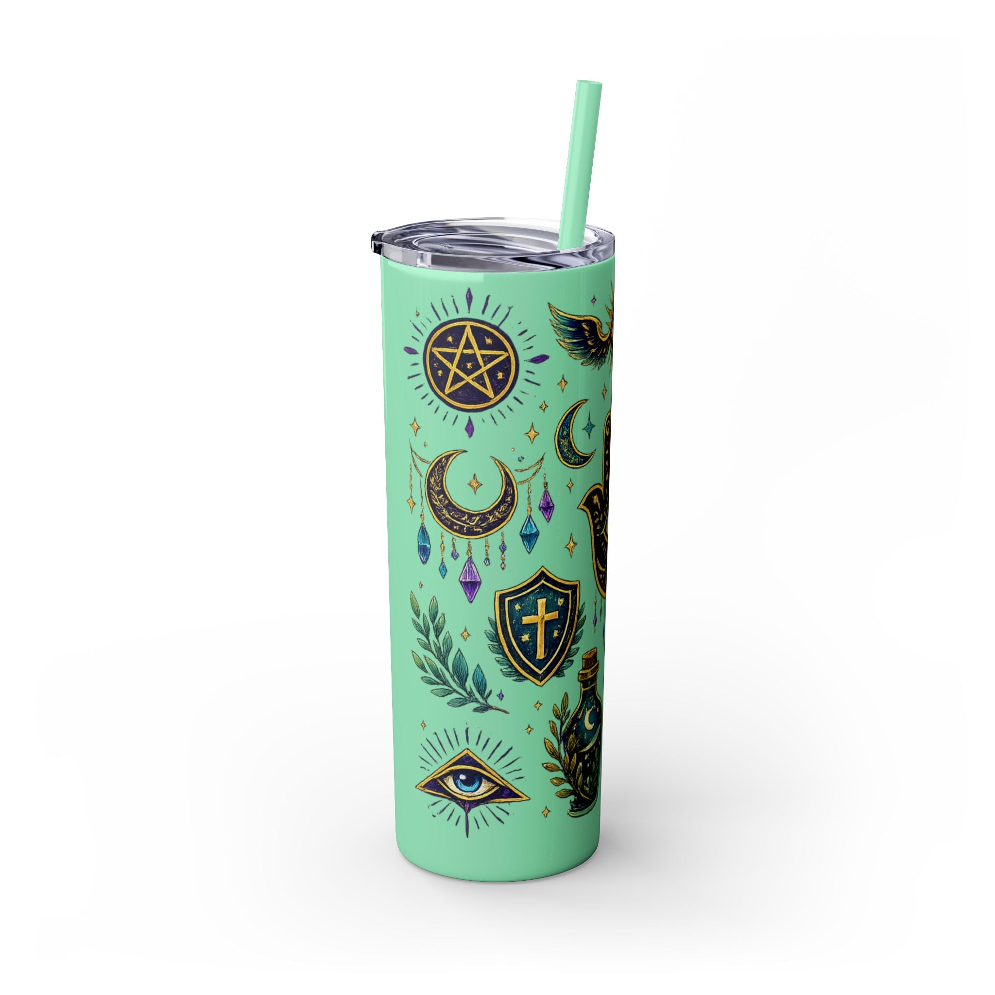 Mystic Symbols 20oz Skinny Tumbler with Straw — Hamsa, All-Seeing Eye & Moon