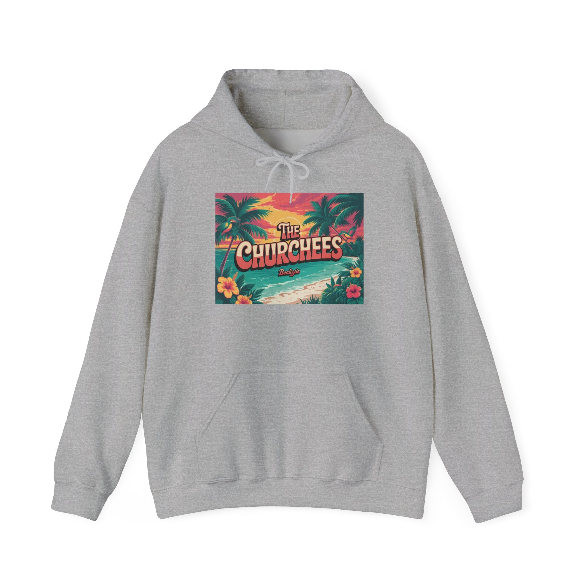 The Churchees Tropical Beach Hoodie – Retro Palm Sunset Graphic Sweatshirt
