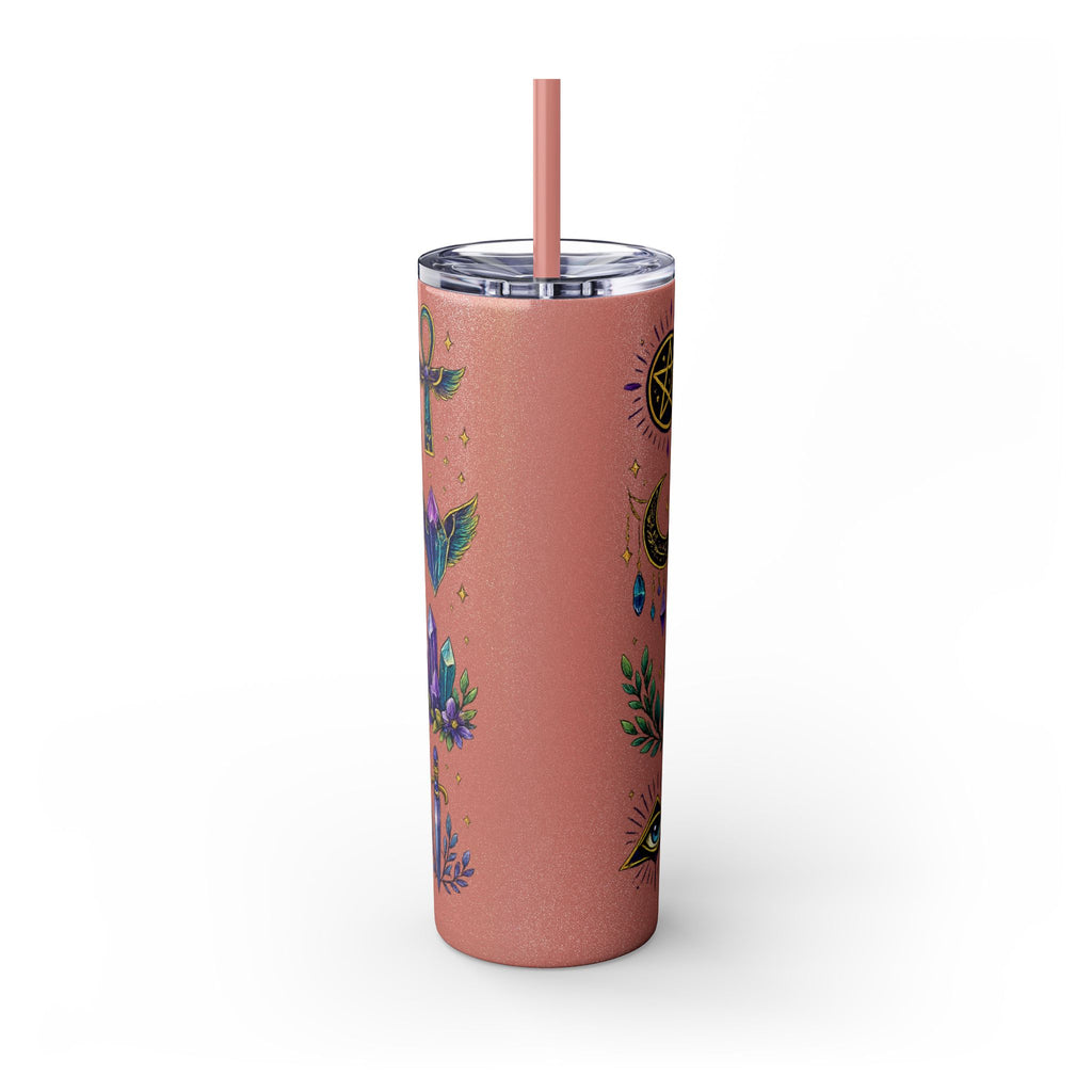 Mystic Symbols 20oz Skinny Tumbler with Straw — Hamsa, All-Seeing Eye & Moon
