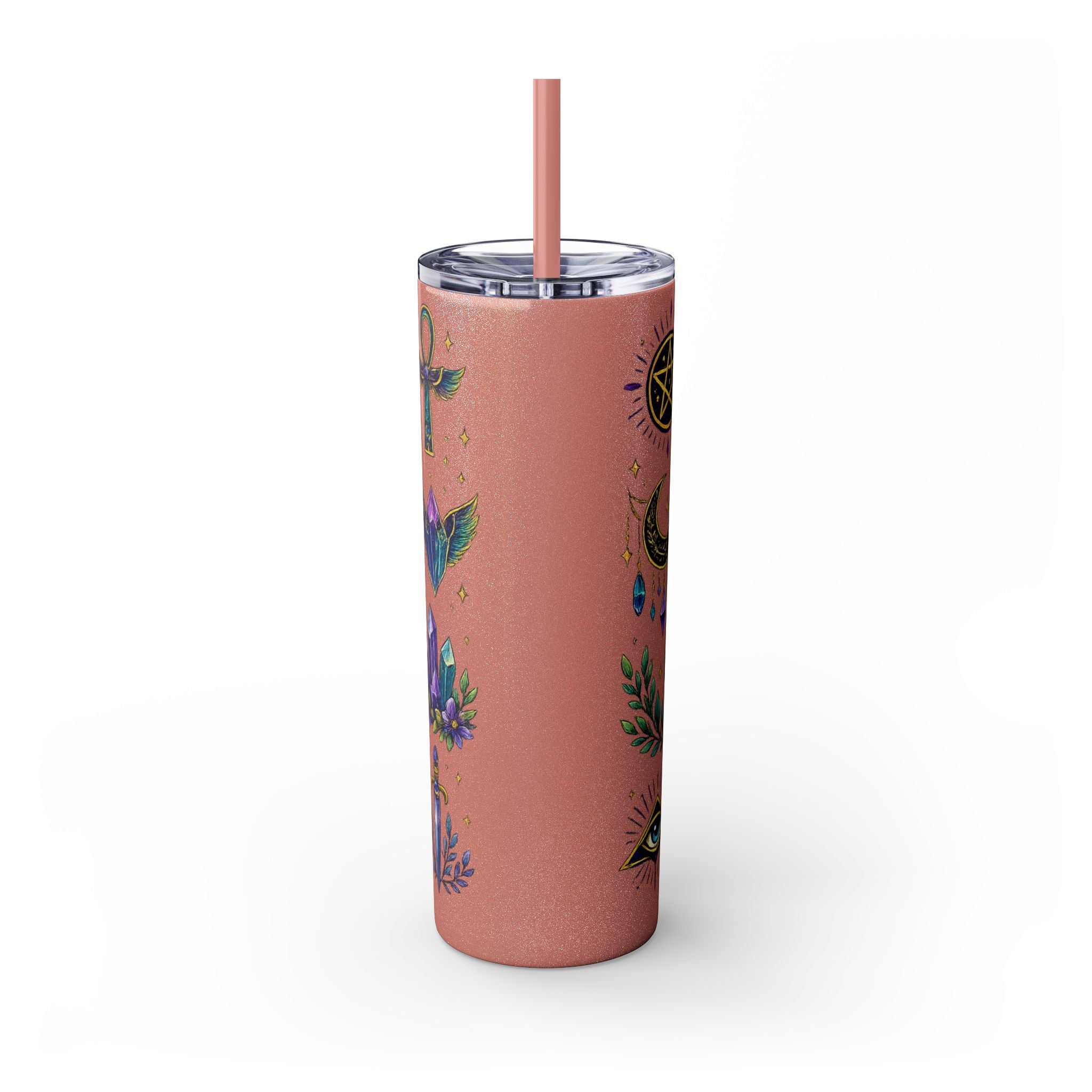 Mystic Symbols 20oz Skinny Tumbler with Straw — Hamsa, All-Seeing Eye & Moon