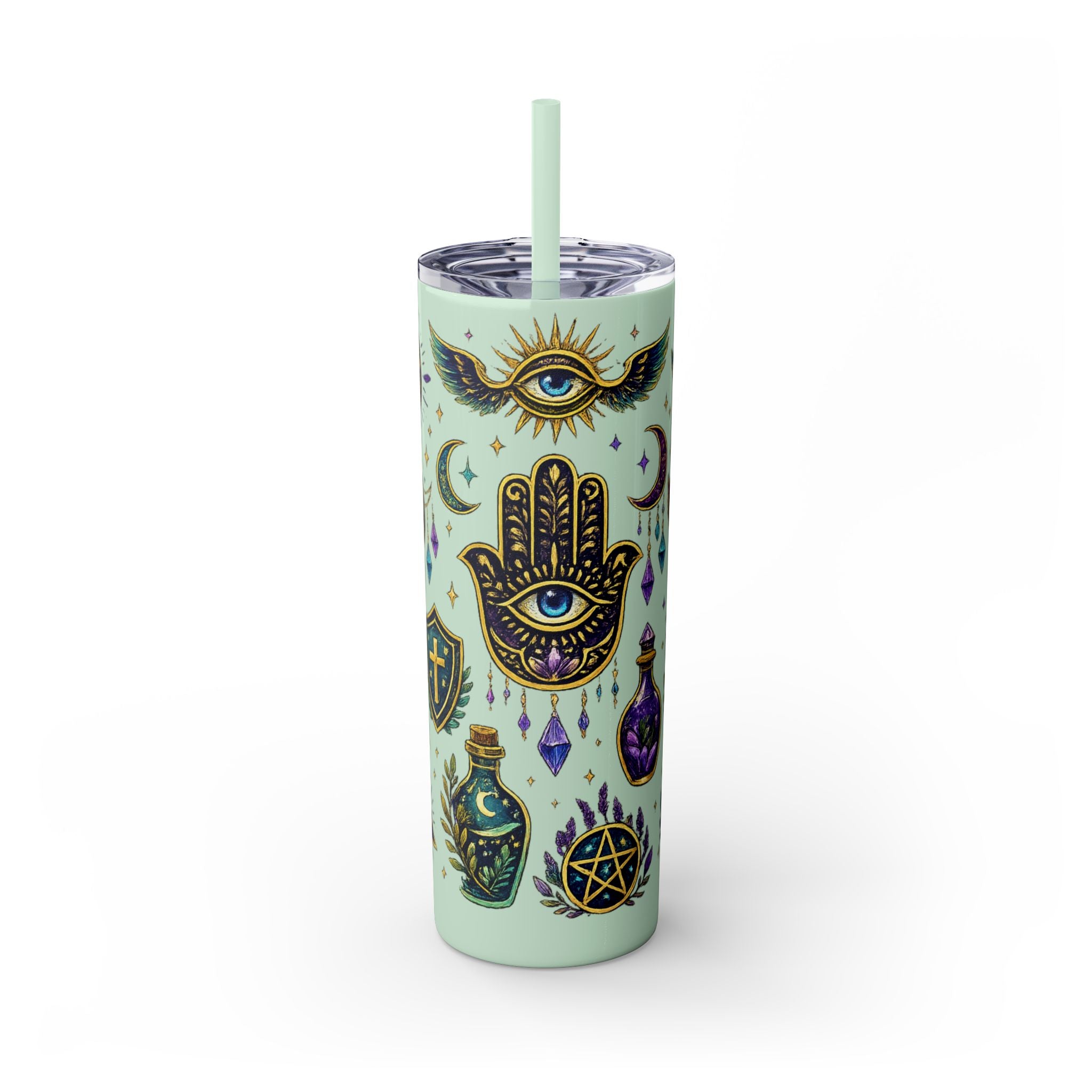 Mystic Symbols 20oz Skinny Tumbler with Straw — Hamsa, All-Seeing Eye & Moon