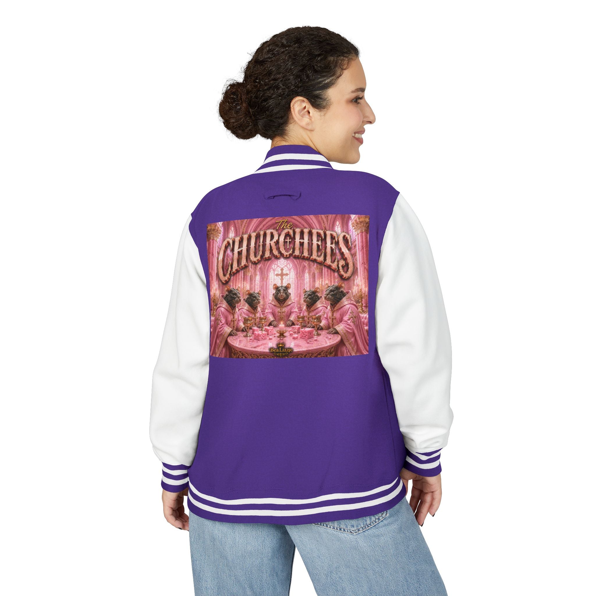 Letterman Jacket — Pink 'Churchees' Vintage Dinner Graphic