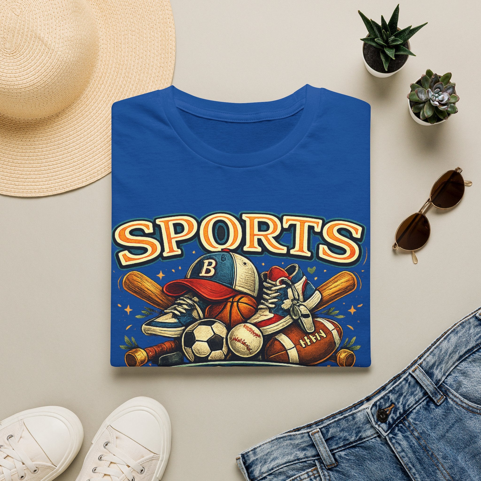 Sports Graphic T-Shirt — 'Sports' Vintage Multi-Sport Design (Baseball, Basketball, Soccer)
