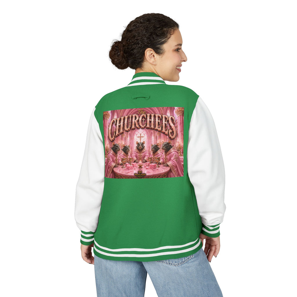 Letterman Jacket — Pink 'Churchees' Vintage Dinner Graphic