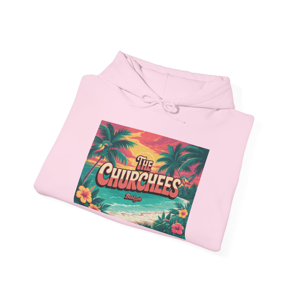 The Churchees Tropical Beach Hoodie – Retro Palm Sunset Graphic Sweatshirt