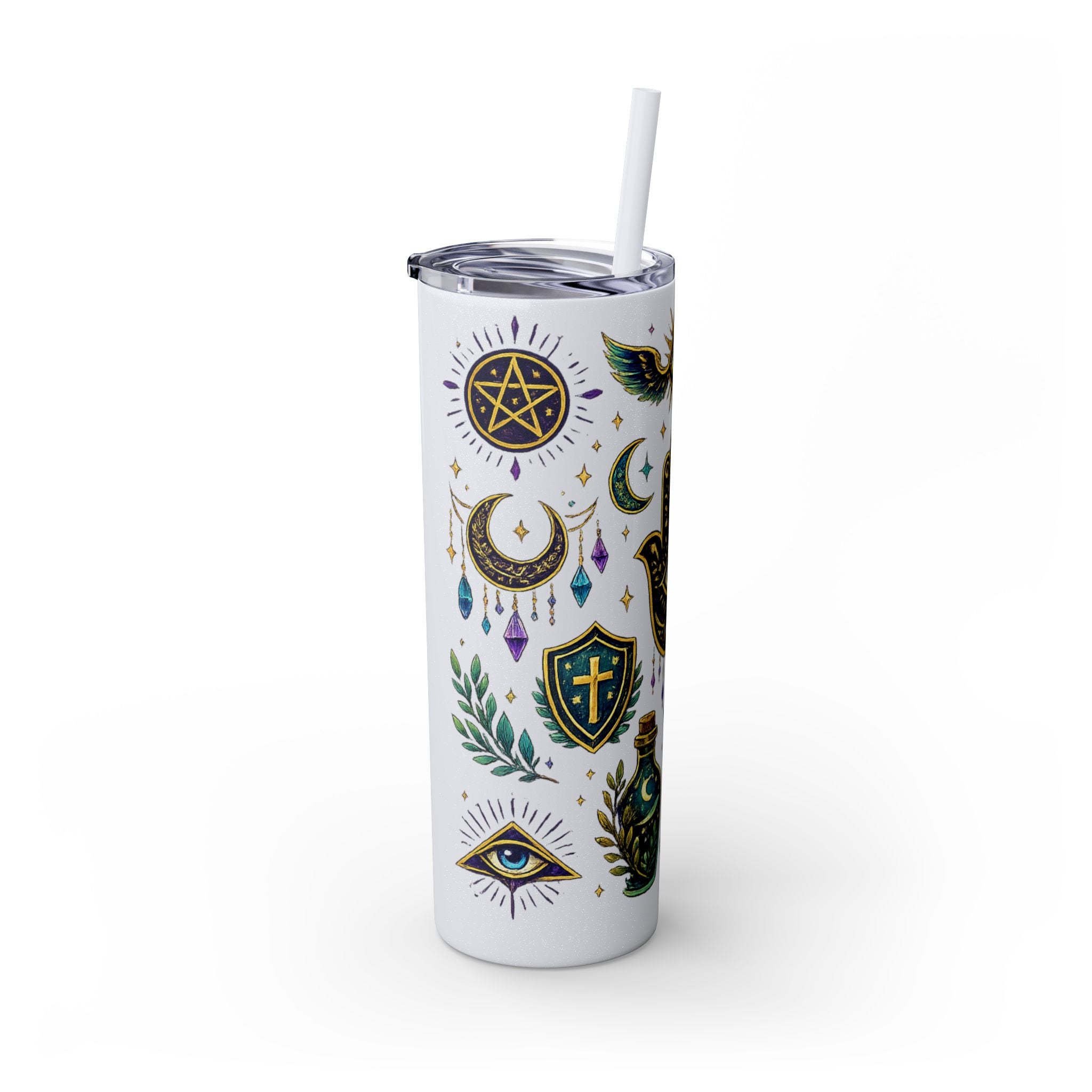 Mystic Symbols 20oz Skinny Tumbler with Straw — Hamsa, All-Seeing Eye & Moon