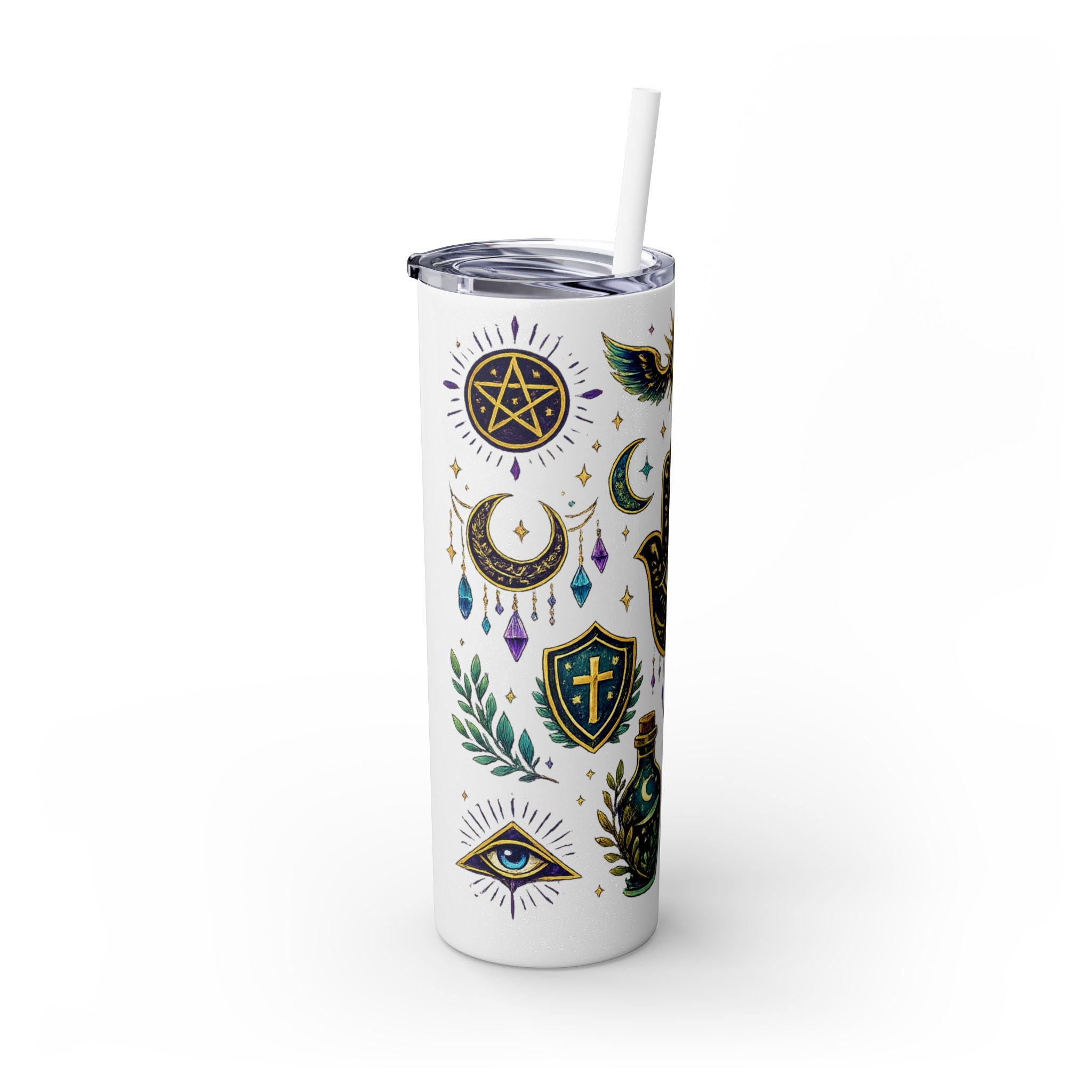 Mystic Symbols 20oz Skinny Tumbler with Straw — Hamsa, All-Seeing Eye & Moon