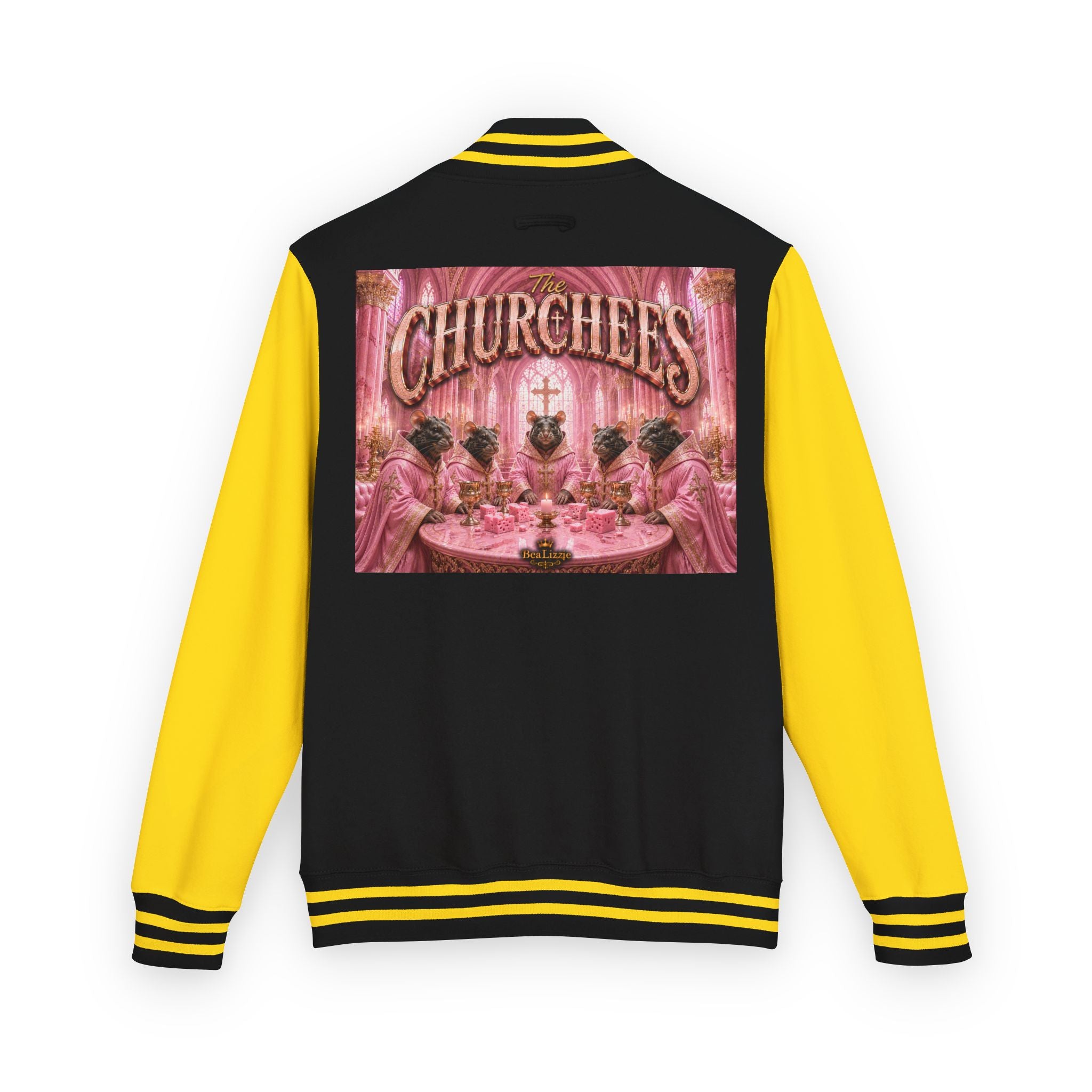 Letterman Jacket — Pink 'Churchees' Vintage Dinner Graphic