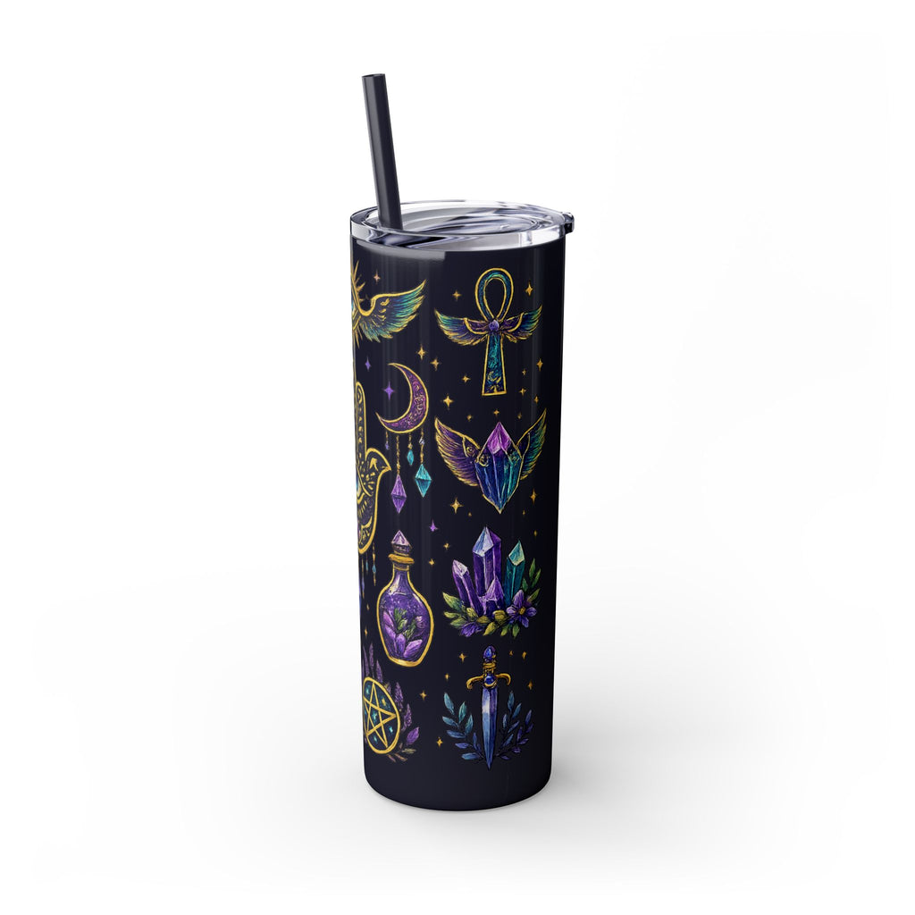 Mystic Symbols 20oz Skinny Tumbler with Straw — Hamsa, All-Seeing Eye & Moon